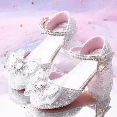 Young Girls & Girls Silver Sunburst Claw Bow Clear Block Heel Shoes | Lucys 11757