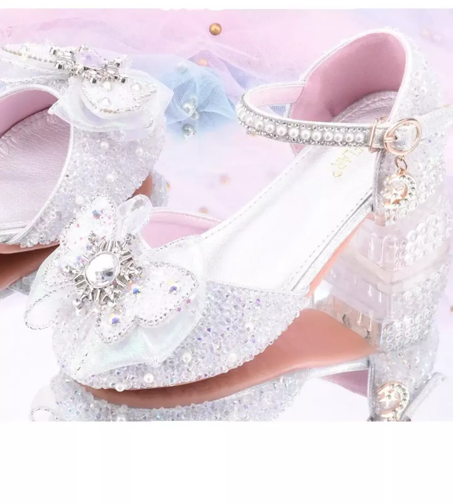 Young Girls & Girls White Sunburst Claw Bow Clear Block Heel Shoes | Lucys 11755