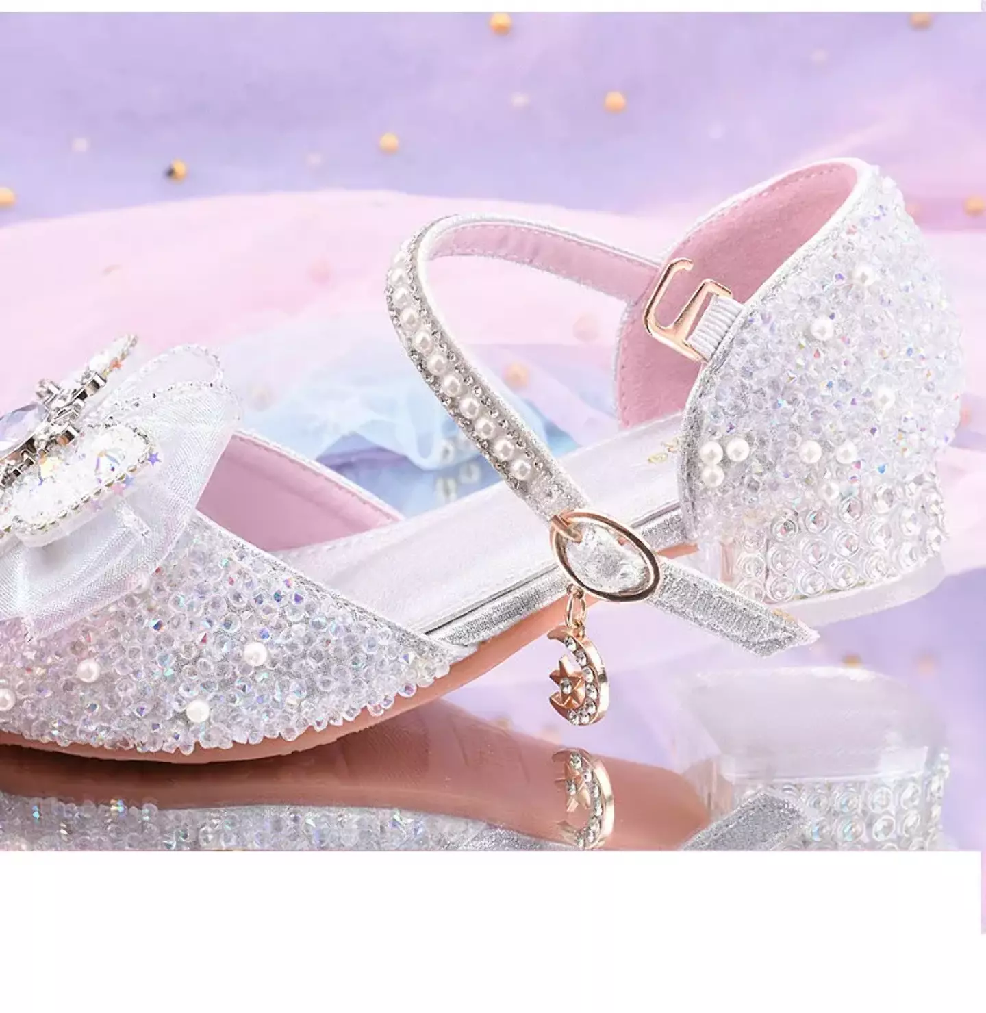 Young Girls & Girls Silver Sunburst Claw Bow Clear Block Heel Shoes | Lucys 11757