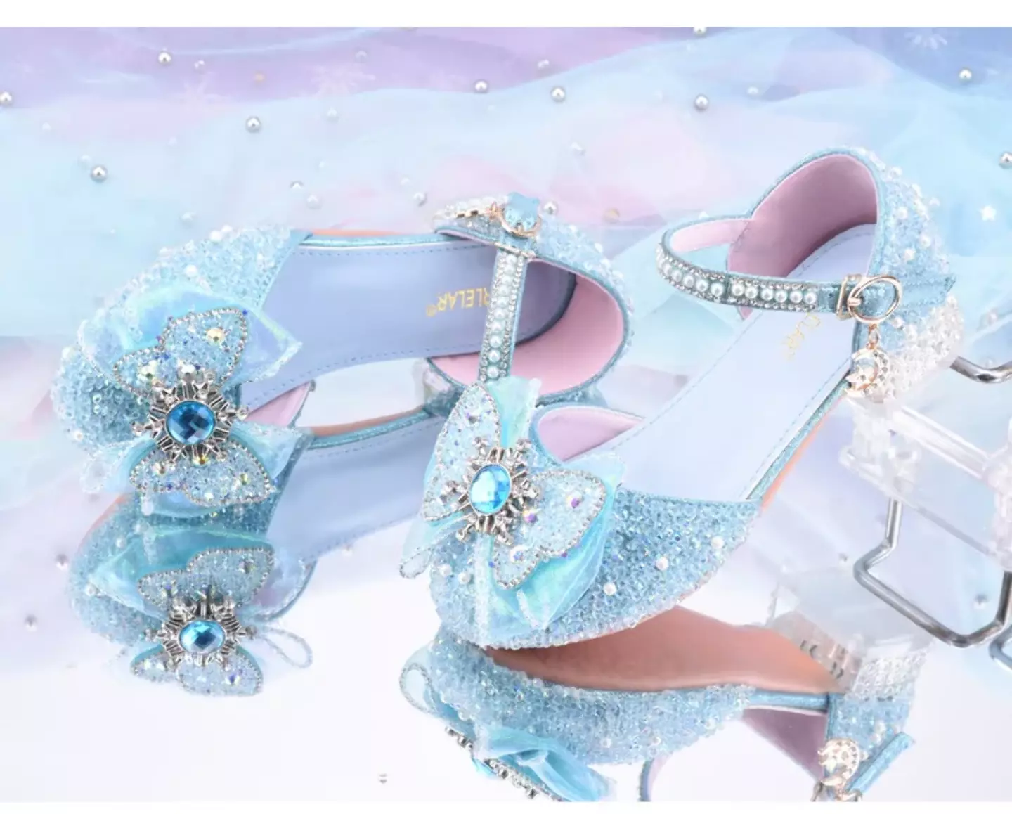 Young Girls & Girls Blue Sunburst Claw Bow Clear Block Heel Shoes | Lucys 11759