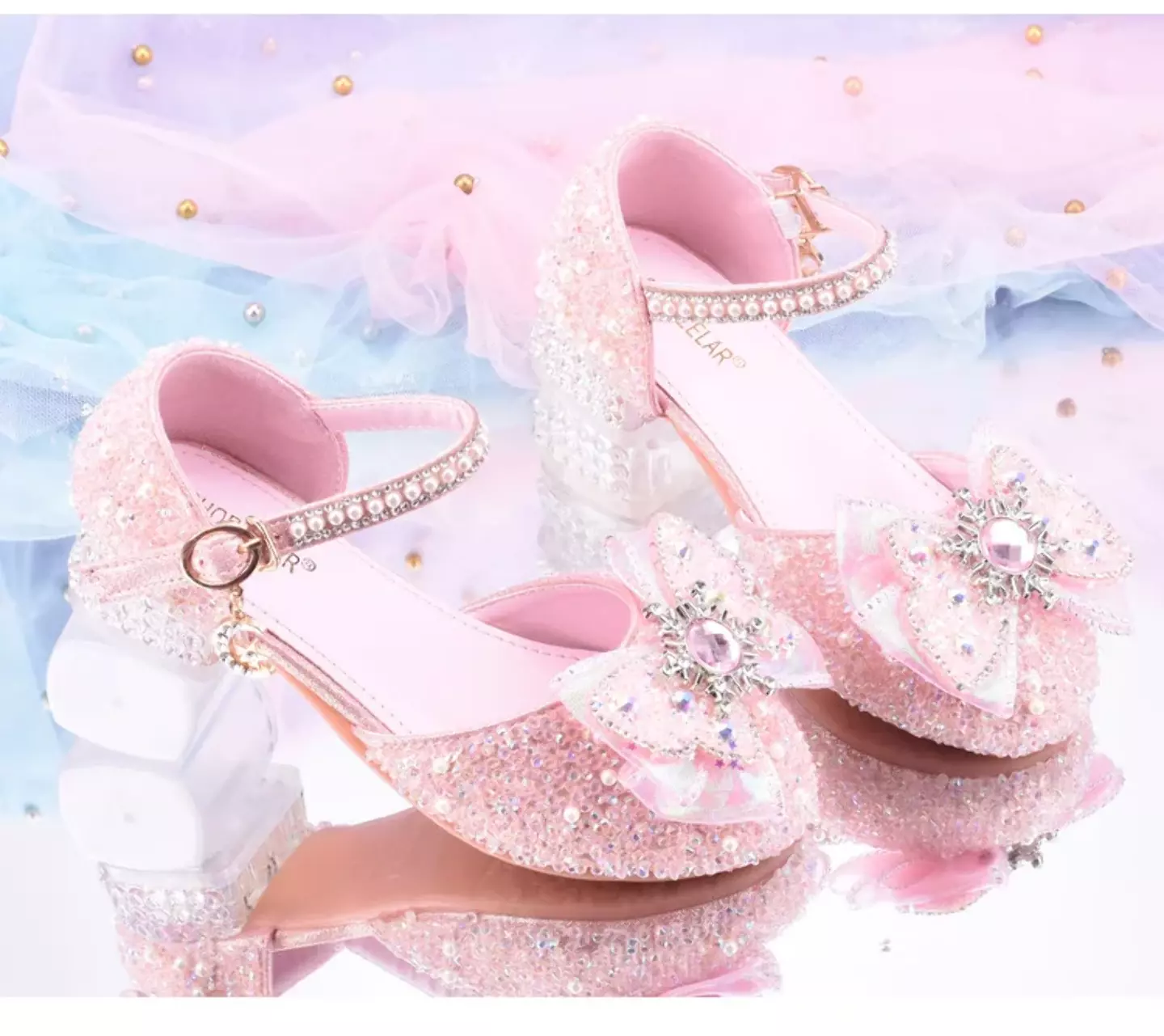Young Girls & Girls Pink Sunburst Claw Bow Clear Block Heel Shoes | Lucys 11758