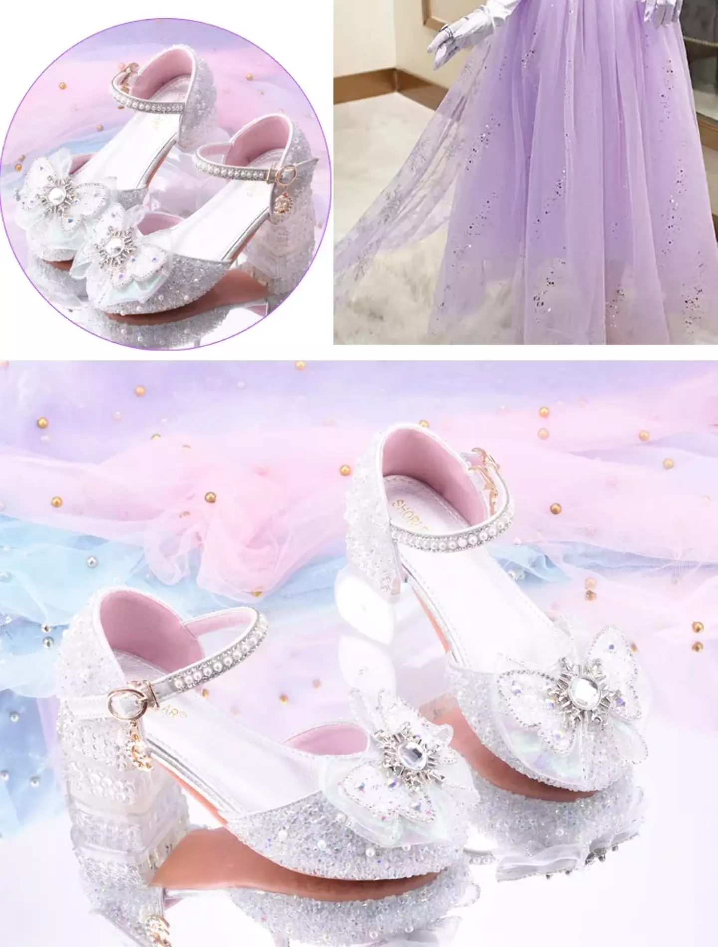 Young Girls & Girls Silver Sunburst Claw Bow Clear Block Heel Shoes | Lucys 11757