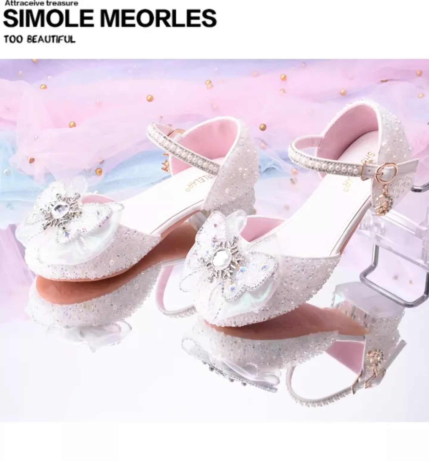 Young Girls & Girls White Sunburst Claw Bow Clear Block Heel Shoes | Lucys 11755