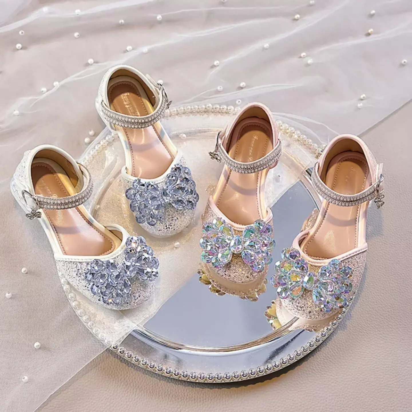 Young Girls & Girls Ivory Faceted Flower Glitter Dress Shoes | Lucys 11772