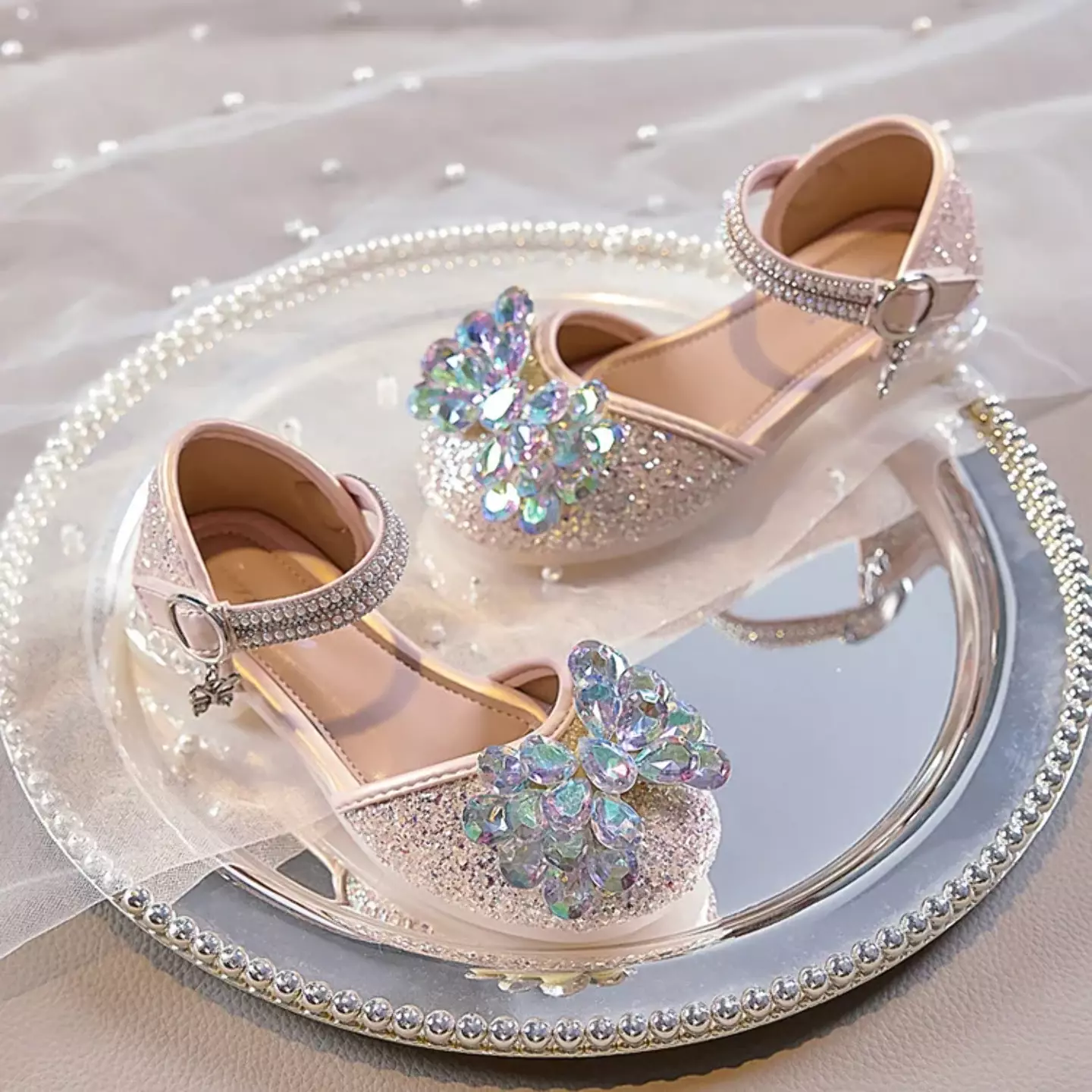 Young Girls & Girls Pink Faceted Flower Glitter Dress Shoes | Lucys 11773