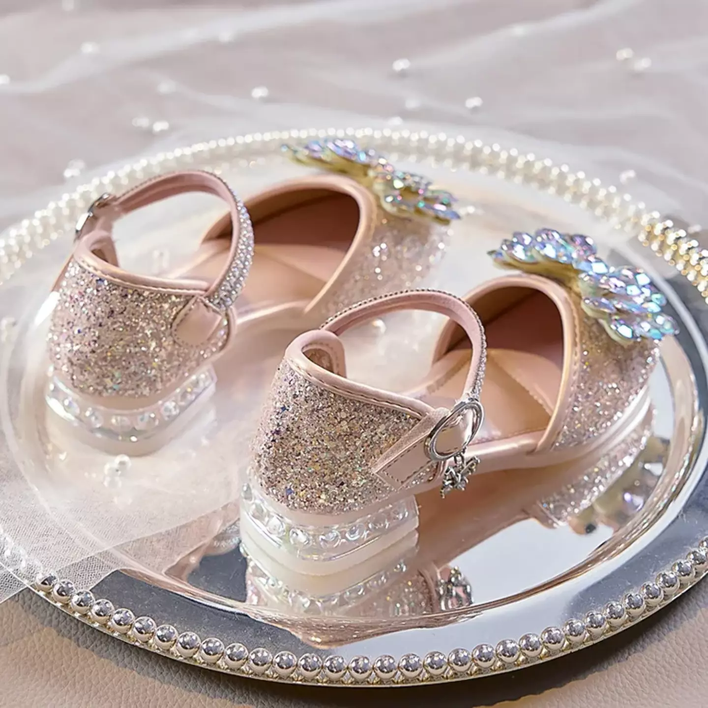 Young Girls & Girls Pink Faceted Flower Glitter Dress Shoes | Lucys 11773