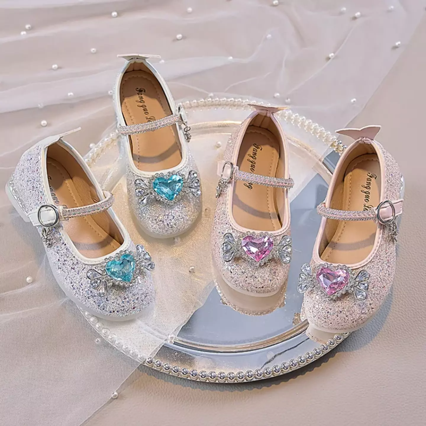 Young Girls & Girls Ivory Heart Gem Glitter Mary Jane Dress Shoes | Lucys 11805