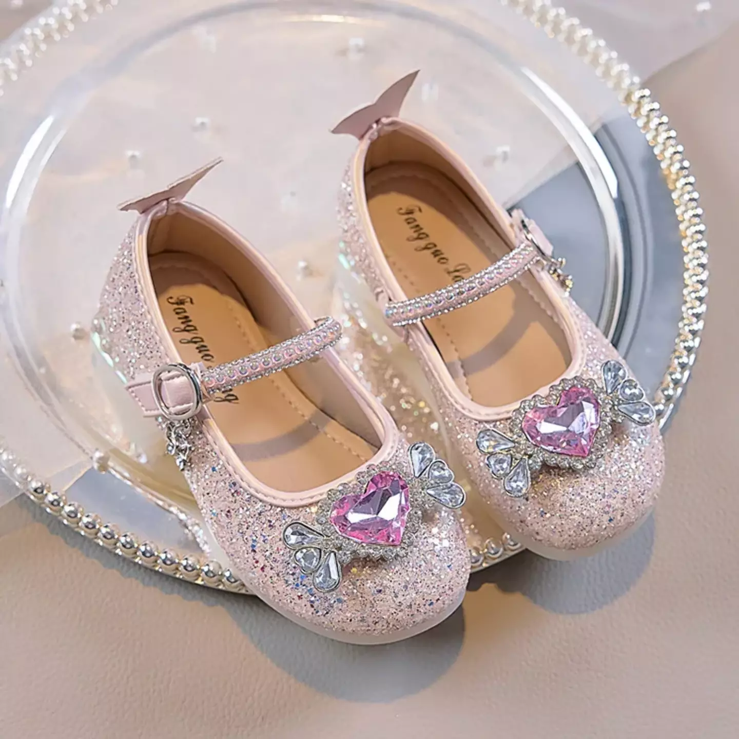Young Girls & Girls Pink Heart Gem Glitter Mary Jane Dress Shoes | Lucys 11804