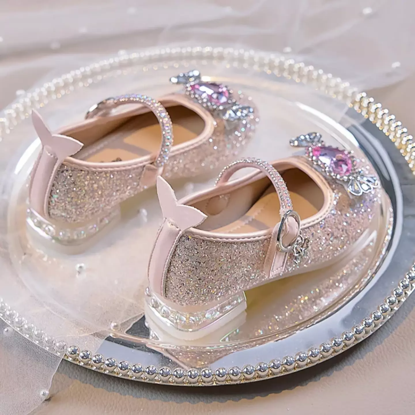Young Girls & Girls Pink Heart Gem Glitter Mary Jane Dress Shoes | Lucys 11804