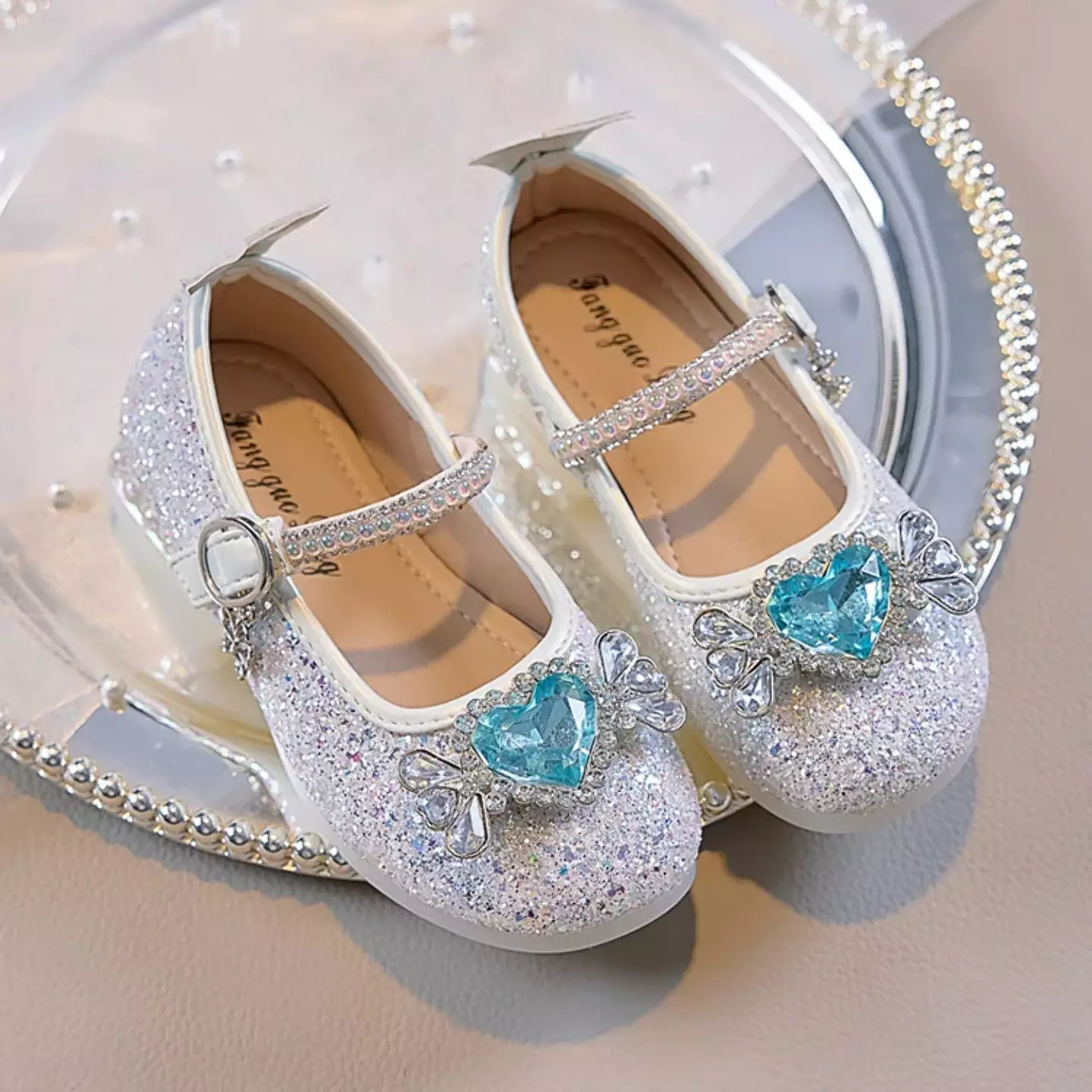 Young Girls & Girls Ivory Heart Gem Glitter Mary Jane Dress Shoes | Lucys 11805