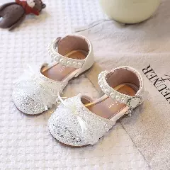 Young Girls & Girls Ivory Pearl Strap Glitter Toe Dress Shoes | Lucys 11821