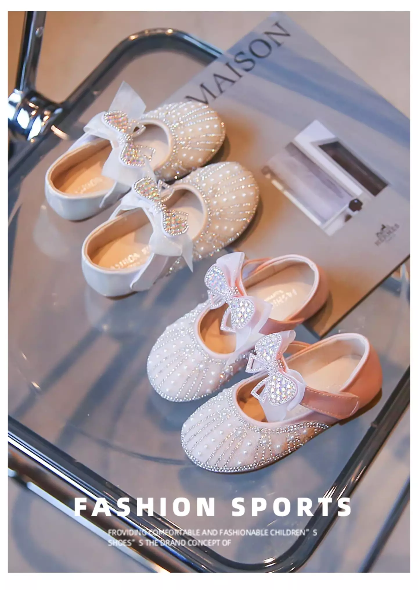 Young Girls & Girls Pink Pearl Fan Crystal Bow Dress Shoes | Lucys 11876