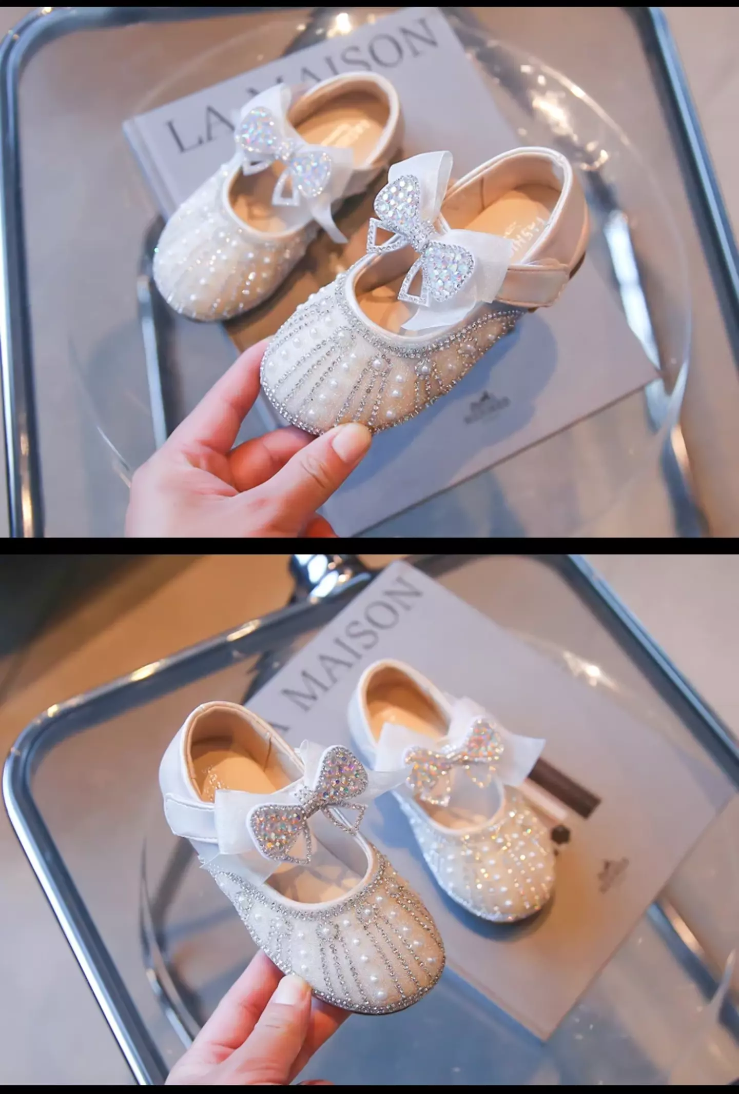 Young Girls & Girls Pink Pearl Fan Crystal Bow Dress Shoes | Lucys 11876