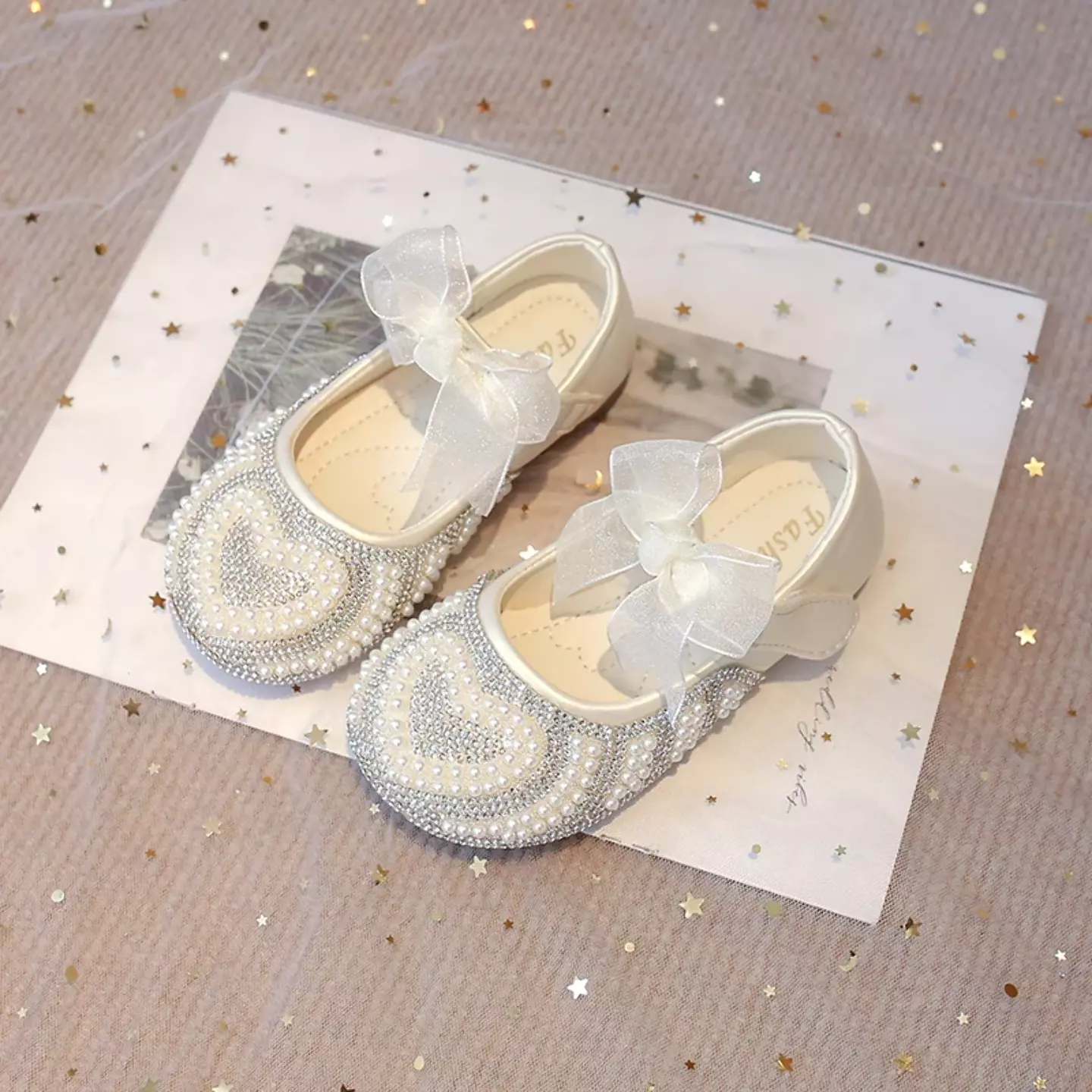 Baby, Toddler, Young Girls & Girls Ivory Beaded Heart Bow Strap Dress Shoes | Lucys 11884