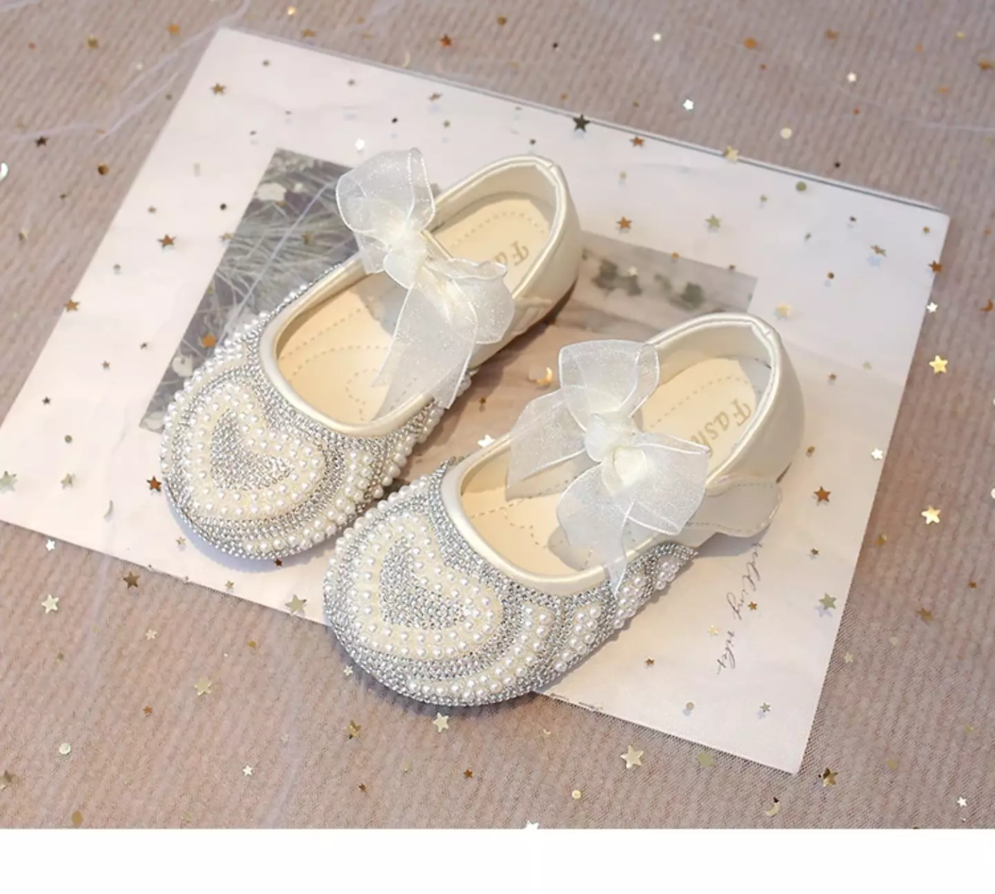 Baby, Toddler, Young Girls & Girls Ivory Beaded Heart Bow Strap Dress Shoes | Lucys 11884