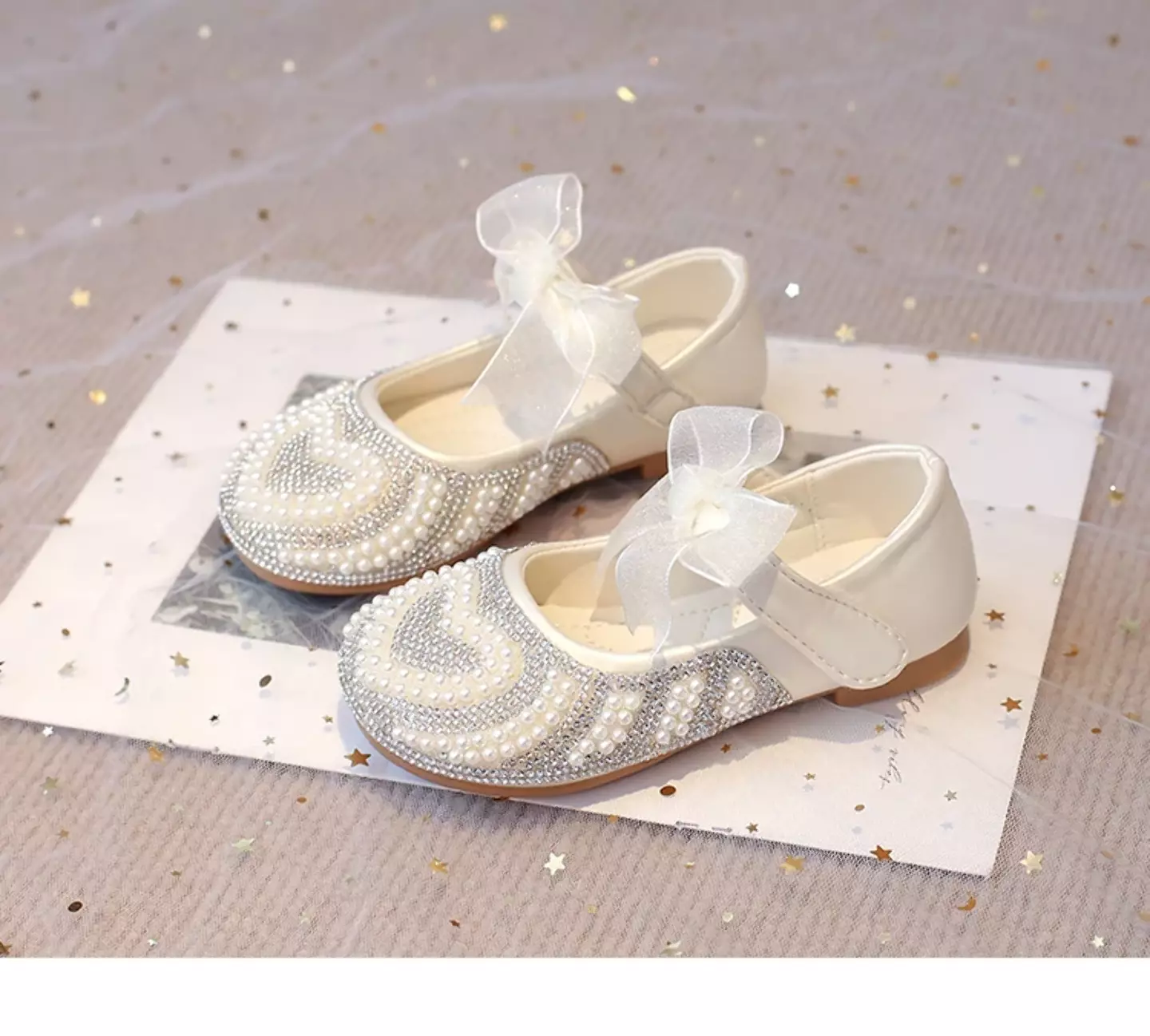Baby, Toddler, Young Girls & Girls Ivory Beaded Heart Bow Strap Dress Shoes | Lucys 11884