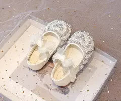 Baby, Toddler, Young Girls & Girls Ivory Beaded Heart Bow Strap Dress Shoes | Lucys 11884