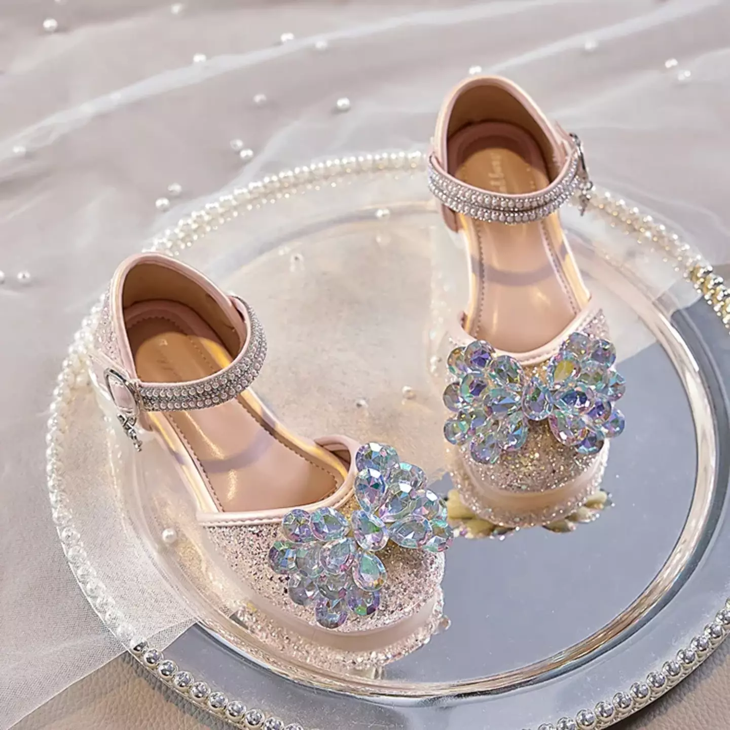 Young Girls & Girls Pink Faceted Flower Glitter Dress Shoes | Lucys 11773