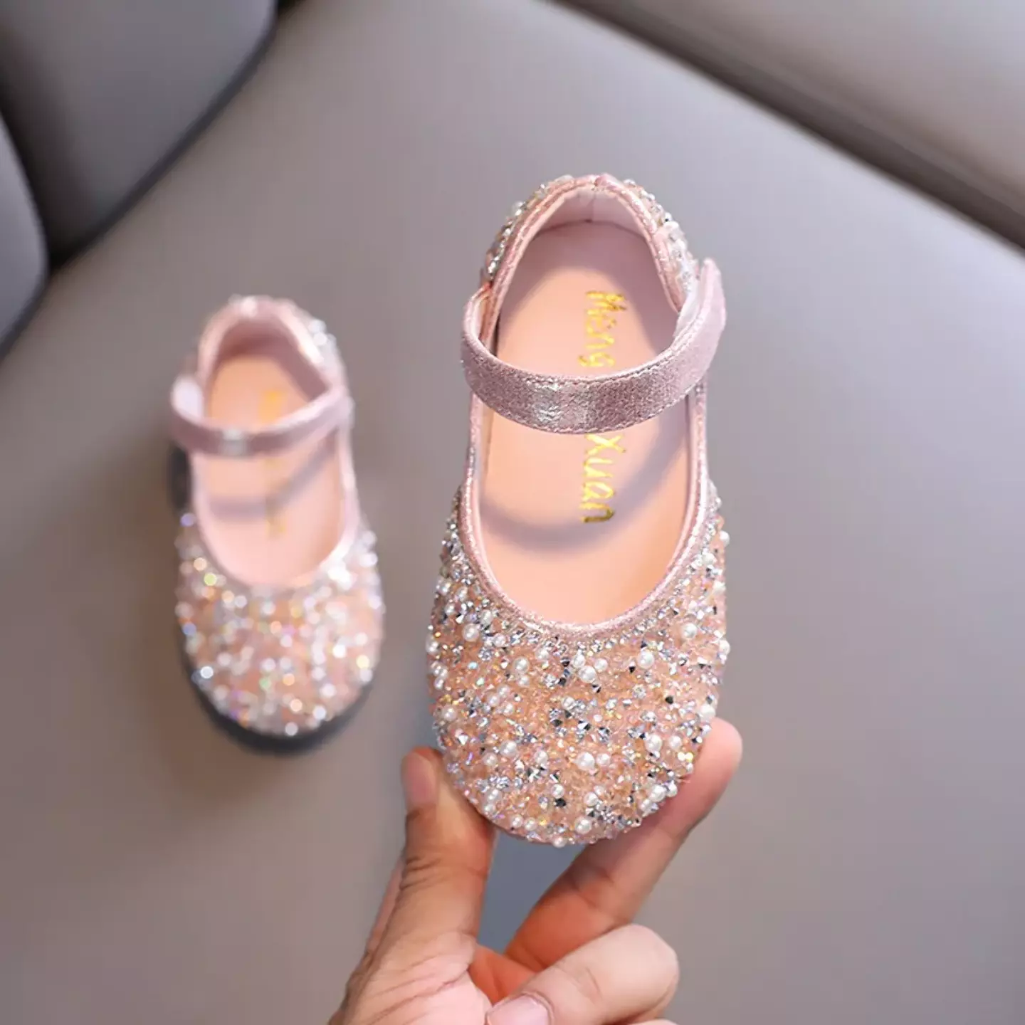 Baby, Toddler, Young Girls & Girls Peach Pink Scattered Rhinestone Ankle Strap Dress Shoes | Lucys 11912
