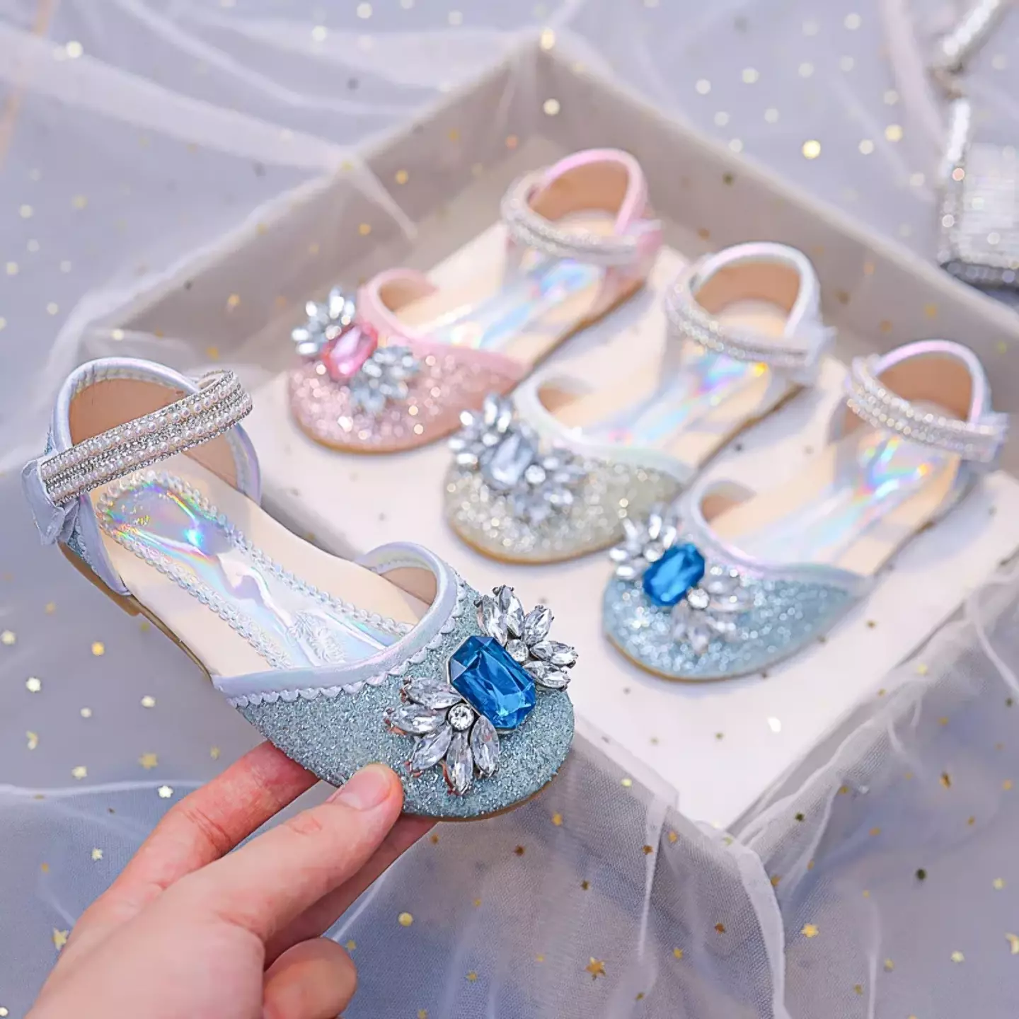 Young Girls & Girls Silver Gem Petal Pearl Strap Flats | Lucys 11924