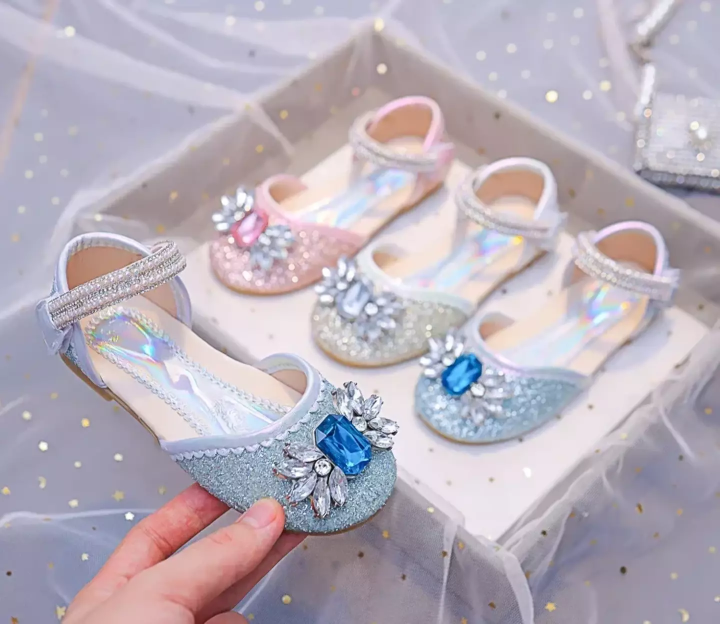 Young Girls & Girls Silver Gem Petal Pearl Strap Flats | Lucys 11924