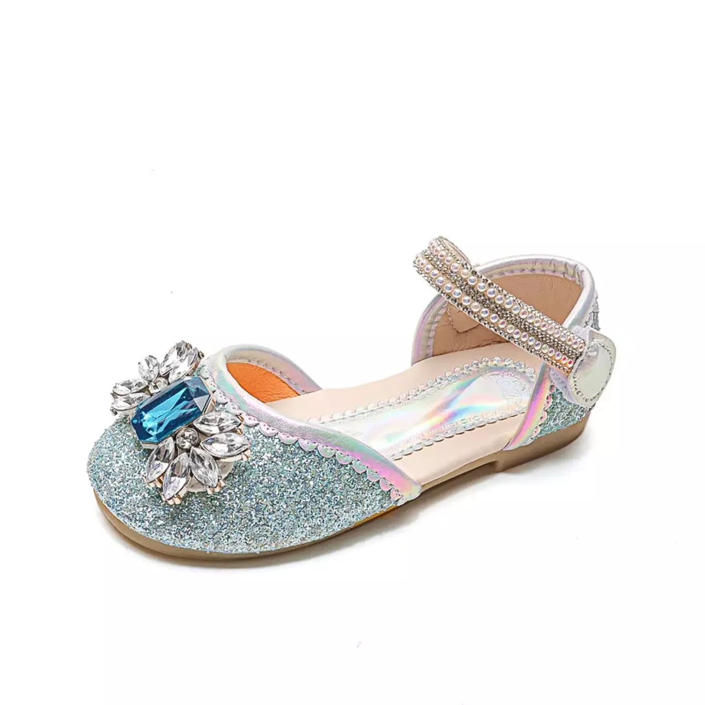 Young Girls & Girls Blue Gem Petal Pearl Strap Flats | Lucys 11926