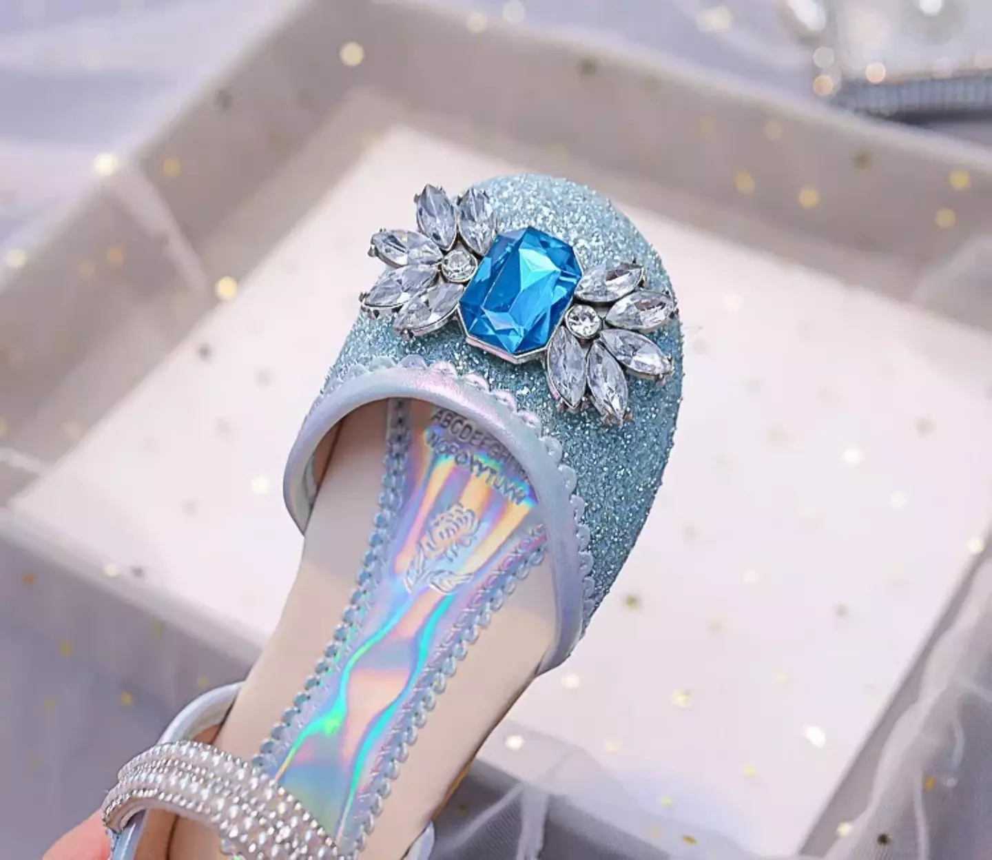 Young Girls & Girls Blue Gem Petal Pearl Strap Flats | Lucys 11926