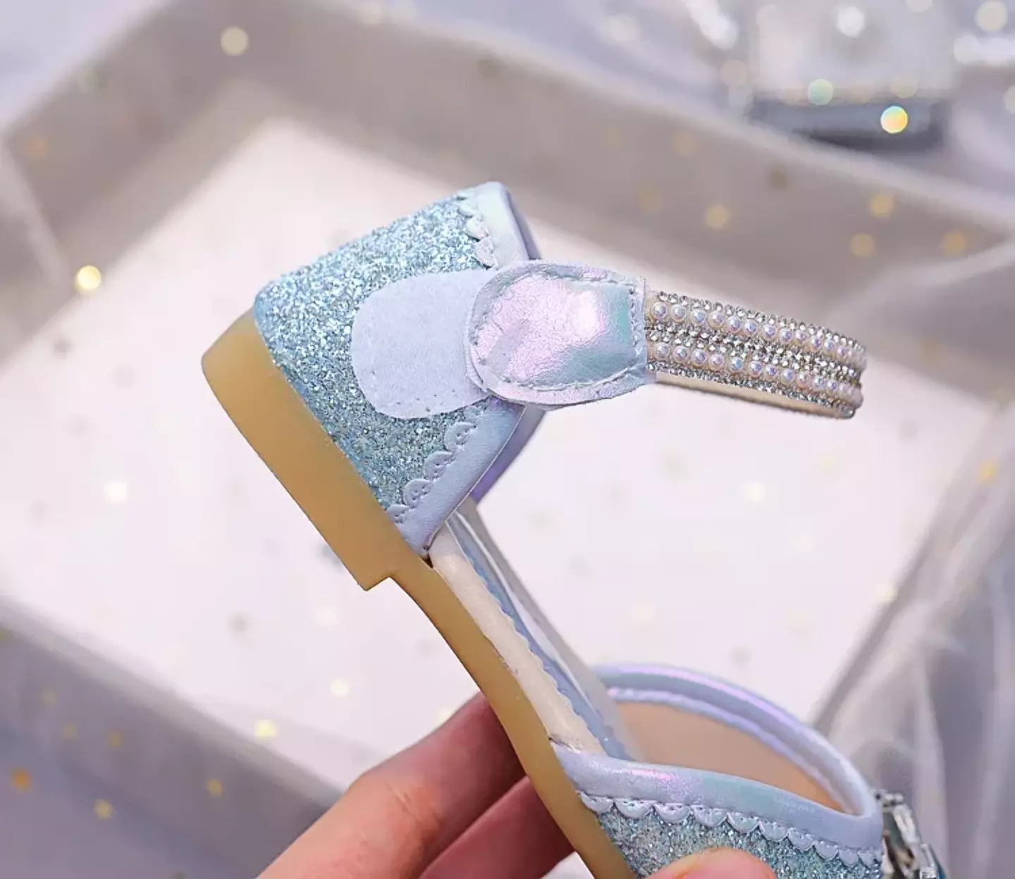 Young Girls & Girls Blue Gem Petal Pearl Strap Flats | Lucys 11926
