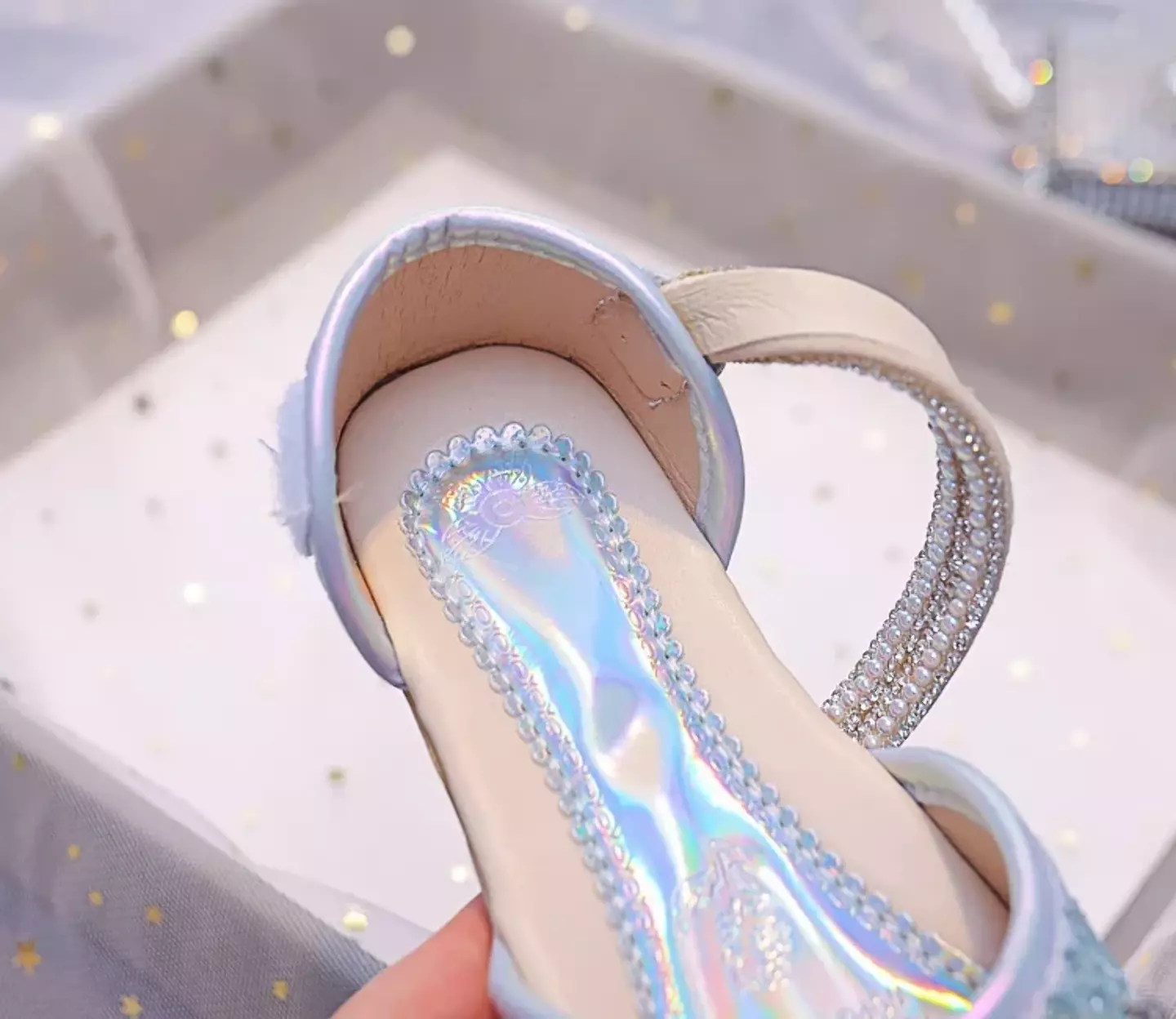 Young Girls & Girls Blue Gem Petal Pearl Strap Flats | Lucys 11926
