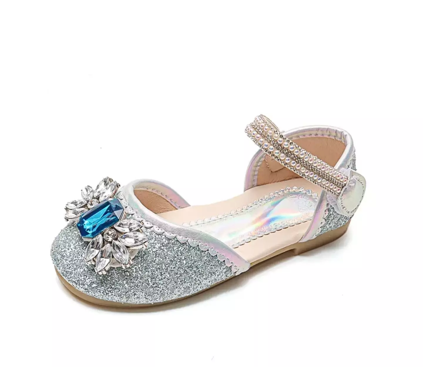 Young Girls & Girls Blue Gem Petal Pearl Strap Flats | Lucys 11926