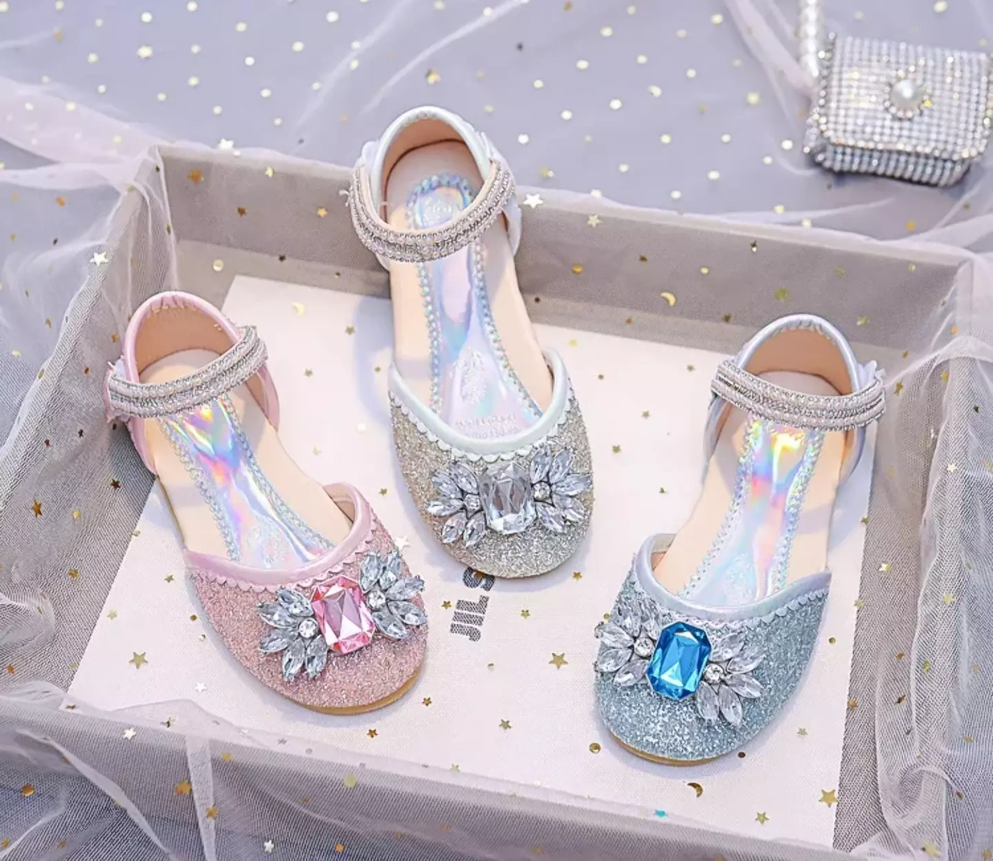 Young Girls & Girls Silver Gem Petal Pearl Strap Flats | Lucys 11924