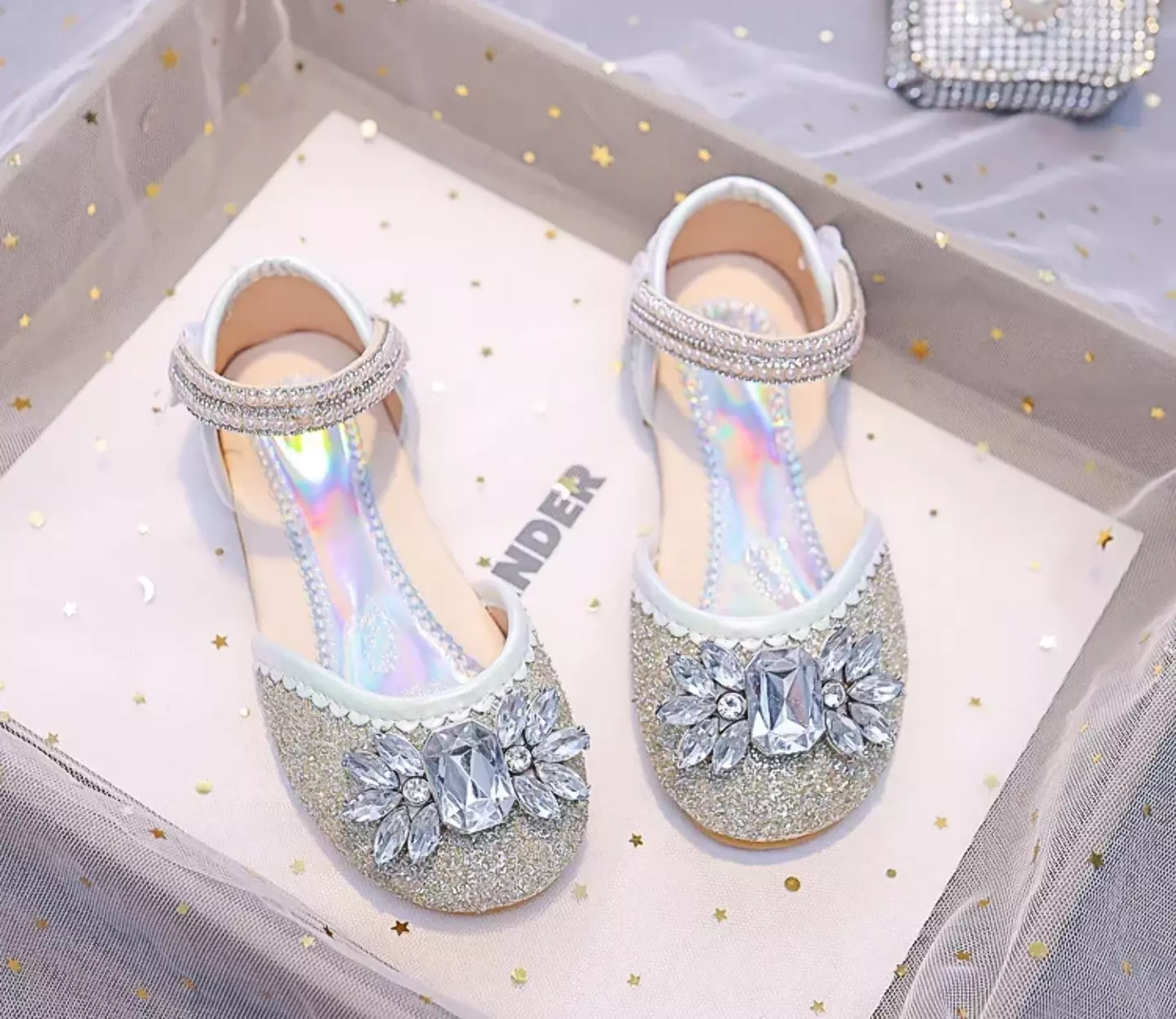 Young Girls & Girls Silver Gem Petal Pearl Strap Flats | Lucys 11924