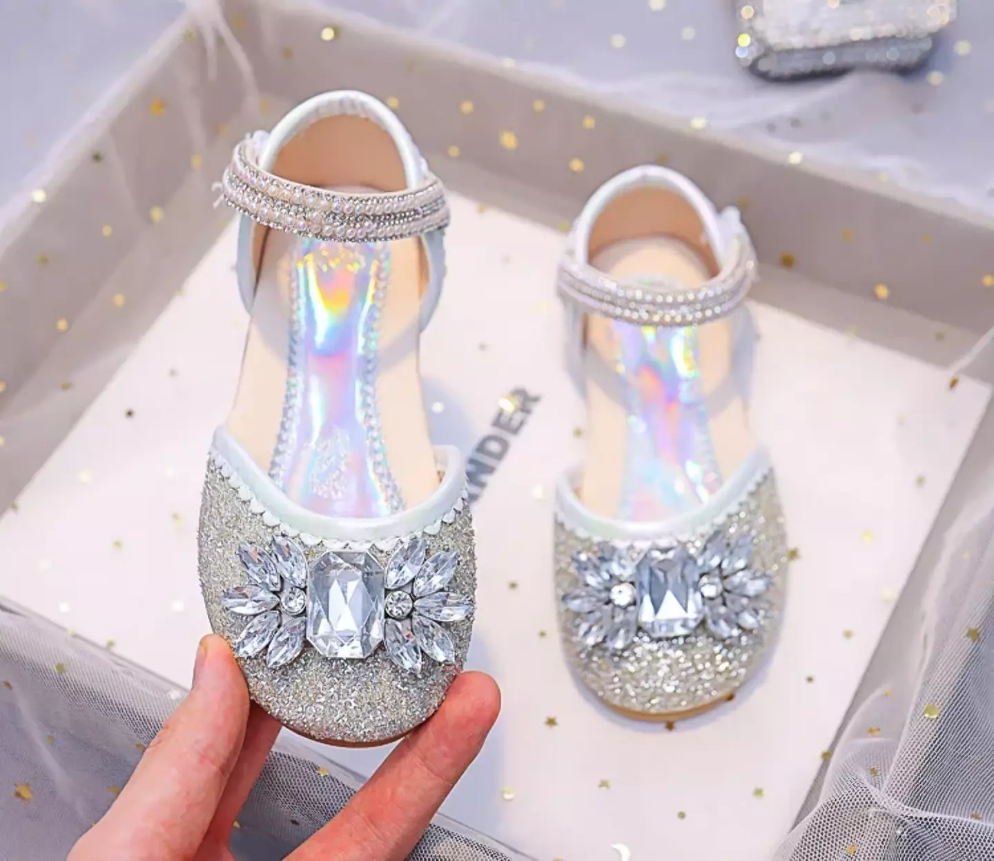 Young Girls & Girls Silver Gem Petal Pearl Strap Flats | Lucys 11924