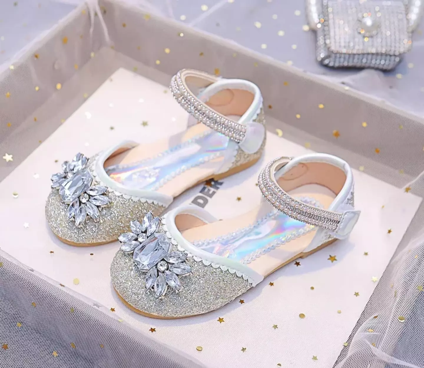 Young Girls & Girls Silver Gem Petal Pearl Strap Flats | Lucys 11924