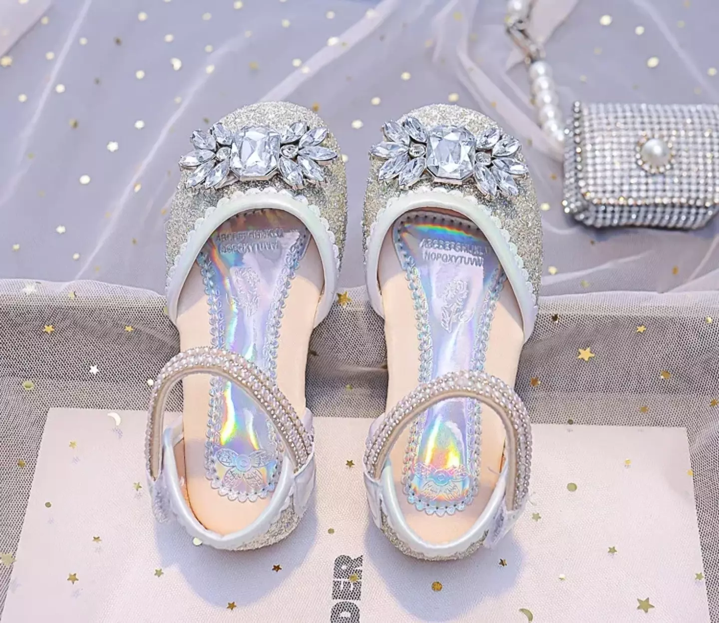 Young Girls & Girls Silver Gem Petal Pearl Strap Flats | Lucys 11924