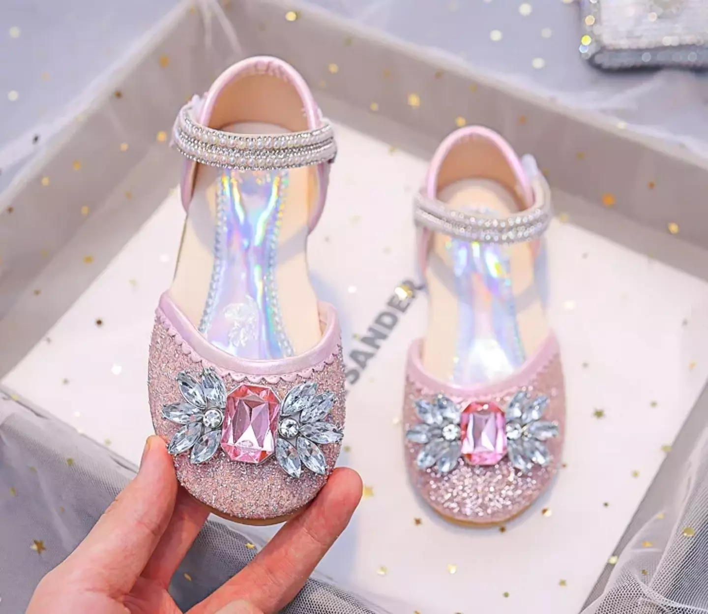 Young Girls & Girls Pink Gem Petal Pearl Strap Flats | Lucys 11925