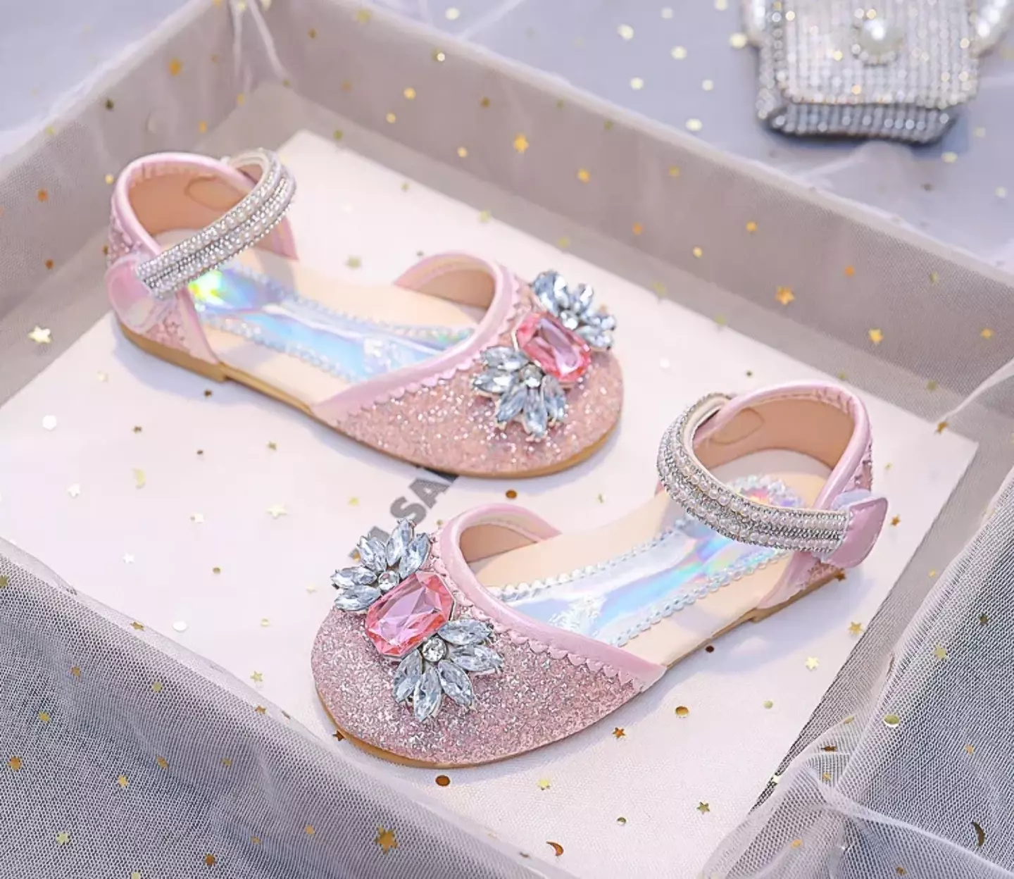 Young Girls & Girls Pink Gem Petal Pearl Strap Flats | Lucys 11925