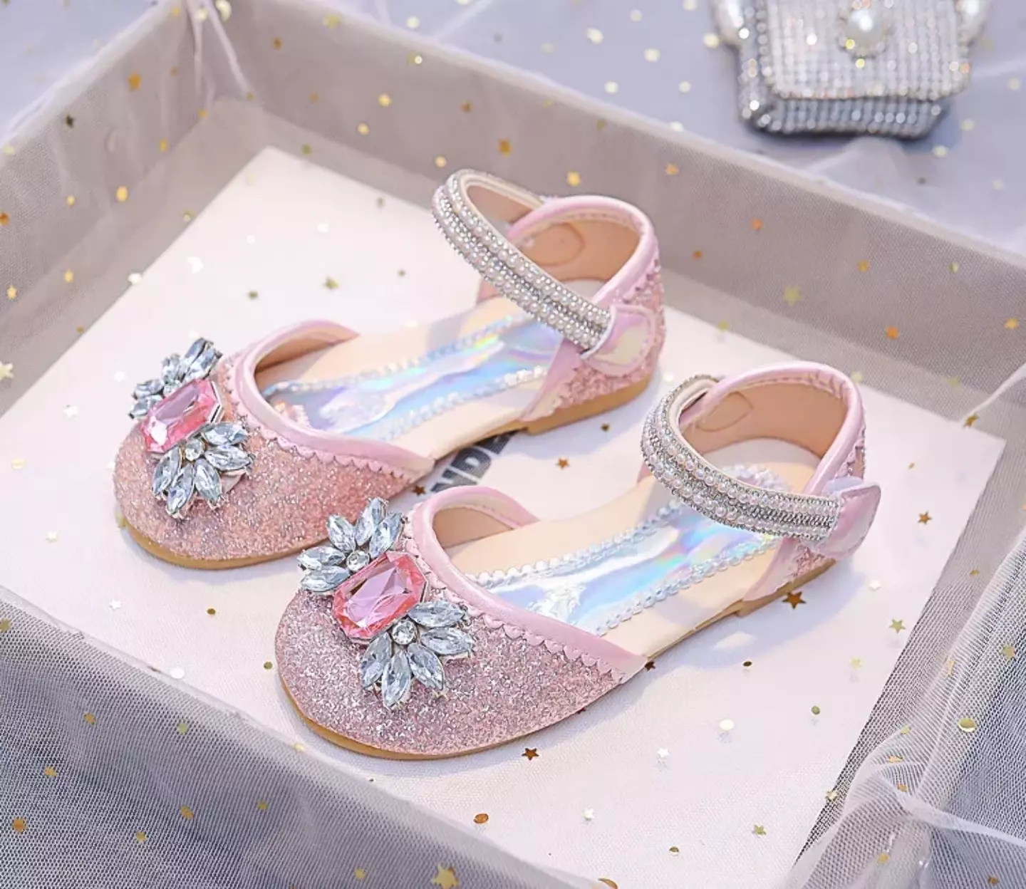 Young Girls & Girls Pink Gem Petal Pearl Strap Flats | Lucys 11925