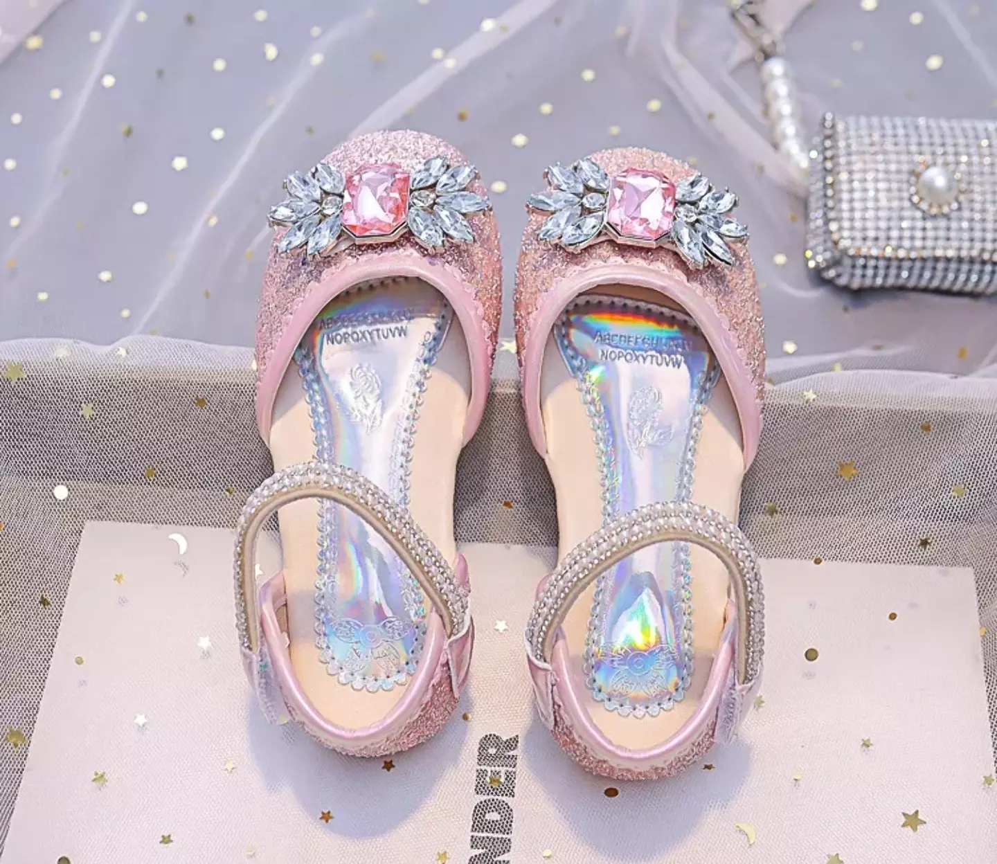 Young Girls & Girls Pink Gem Petal Pearl Strap Flats | Lucys 11925