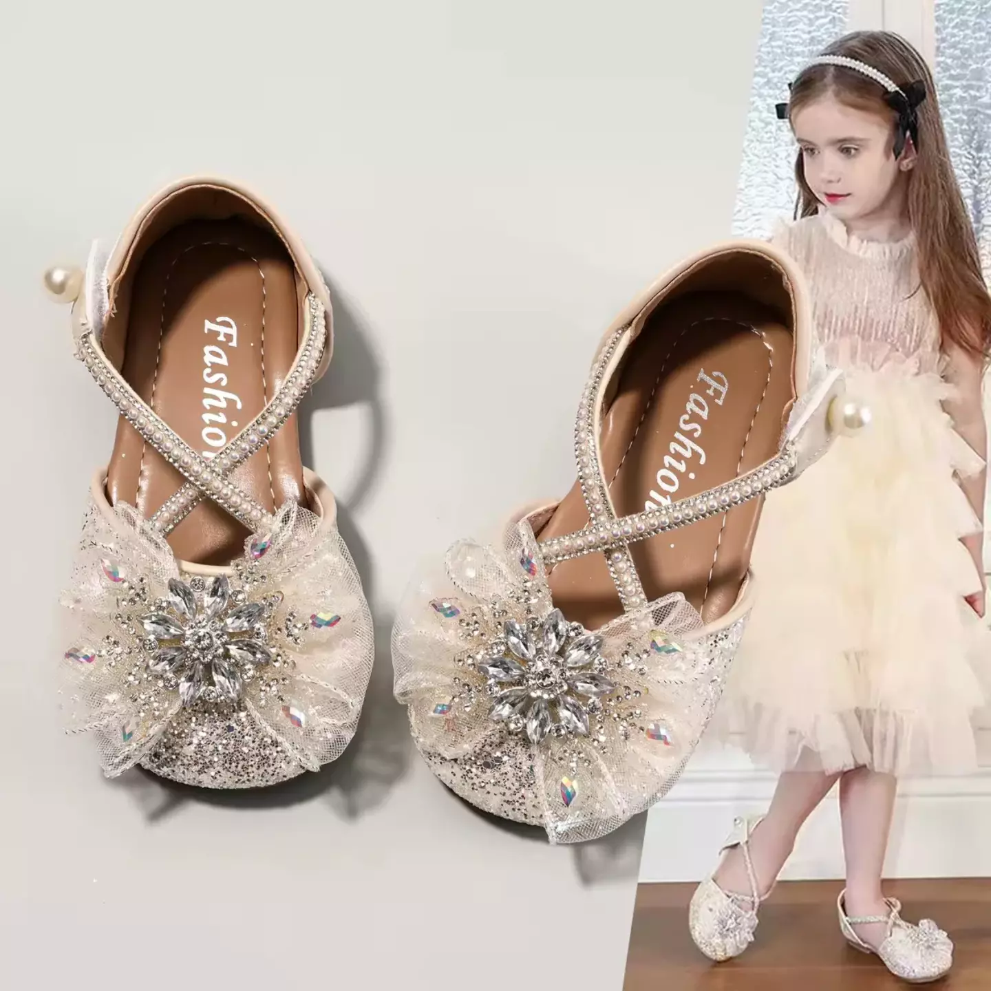 Young Girls & Girls Ivory Starburst Tulle Criss Cross Strap Flats | Lucys 11937