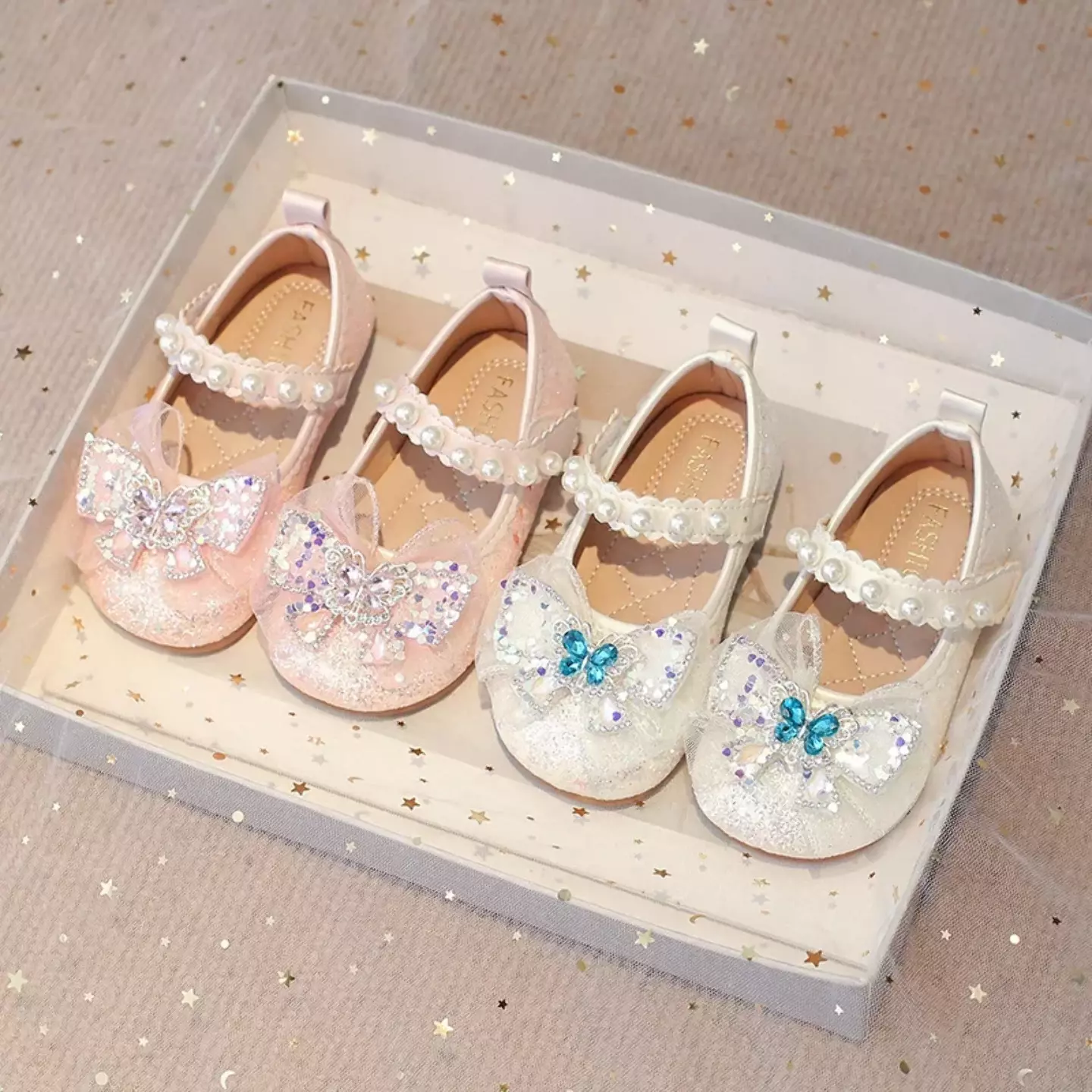 Baby, Toddler, Young Girls & Girls Ivory Gem Butterfly Sheer Bow Pearl Strap Flats | Lucys 11944