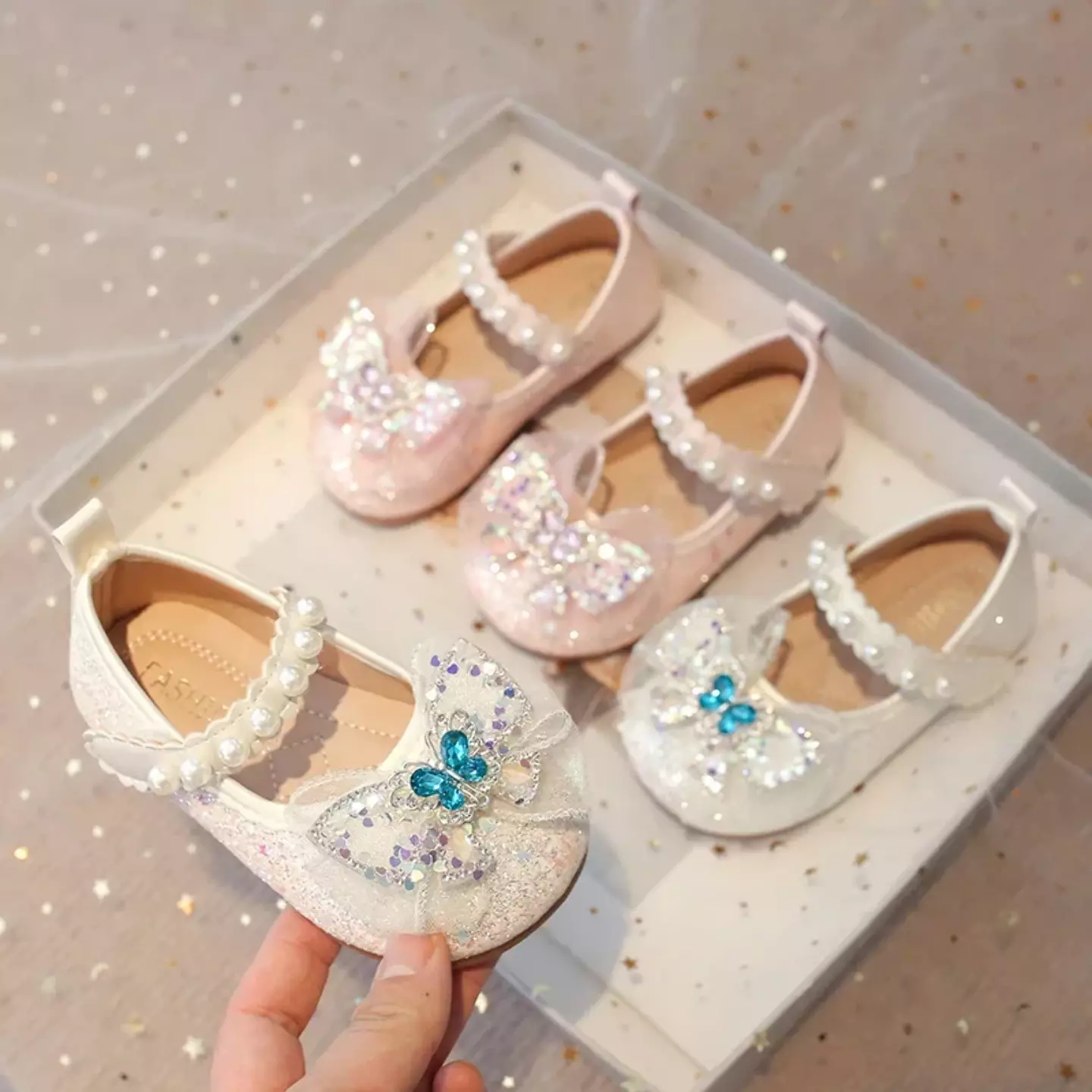 Baby, Toddler, Young Girls & Girls Ivory Gem Butterfly Sheer Bow Pearl Strap Flats | Lucys 11944