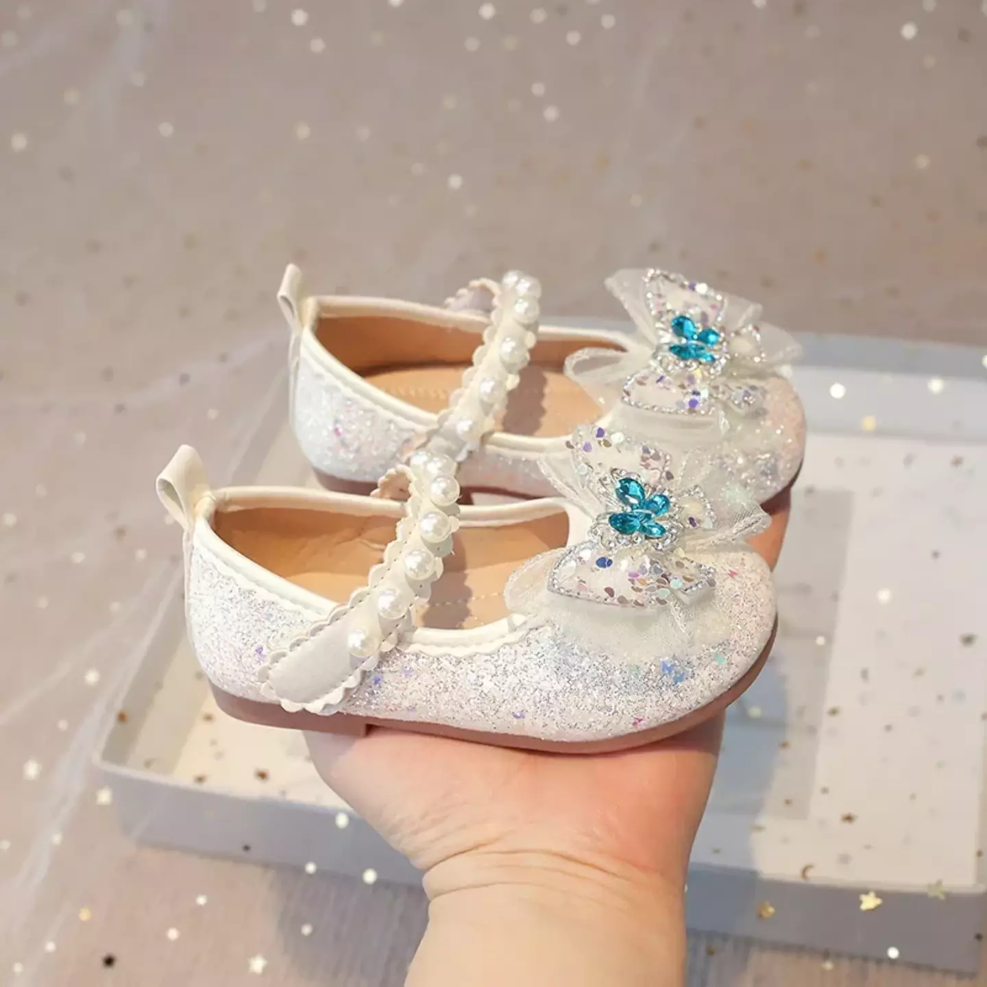 Baby, Toddler, Young Girls & Girls Ivory Gem Butterfly Sheer Bow Pearl Strap Flats | Lucys 11944