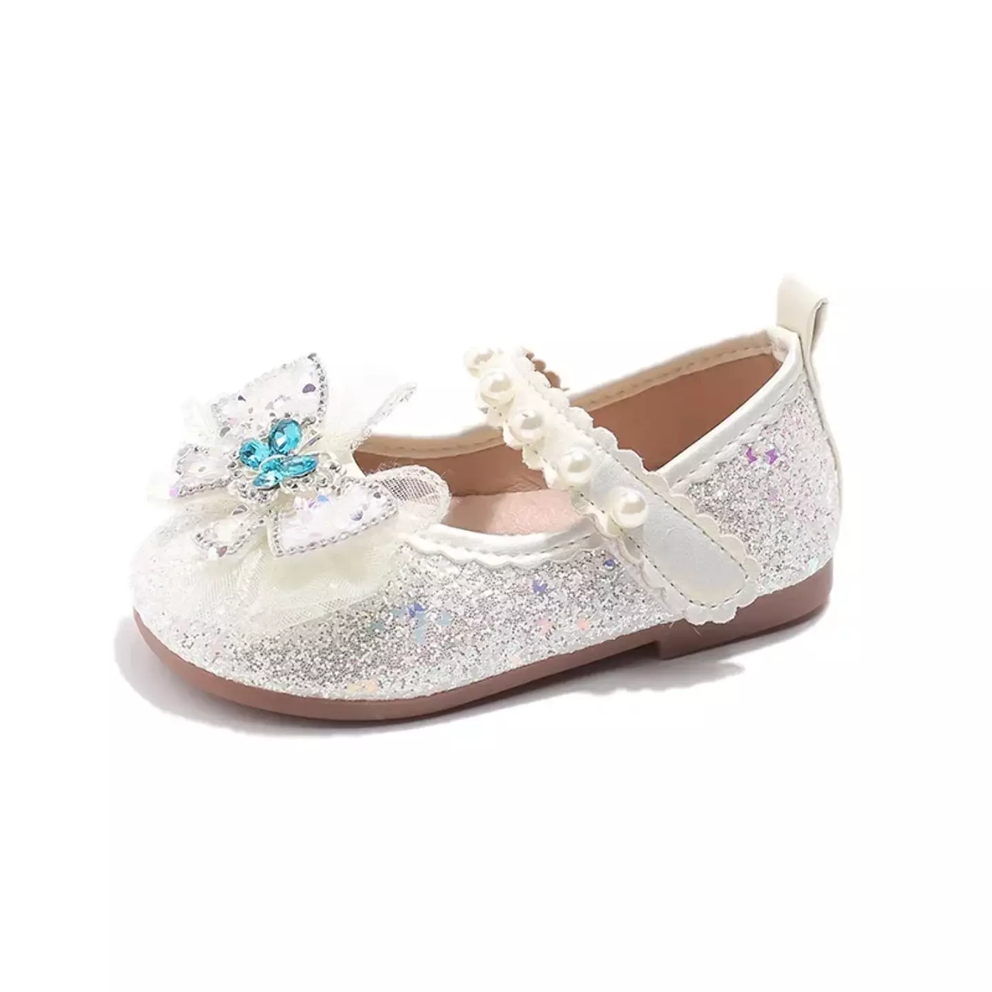 Baby, Toddler, Young Girls & Girls Ivory Gem Butterfly Sheer Bow Pearl Strap Flats | Lucys 11944