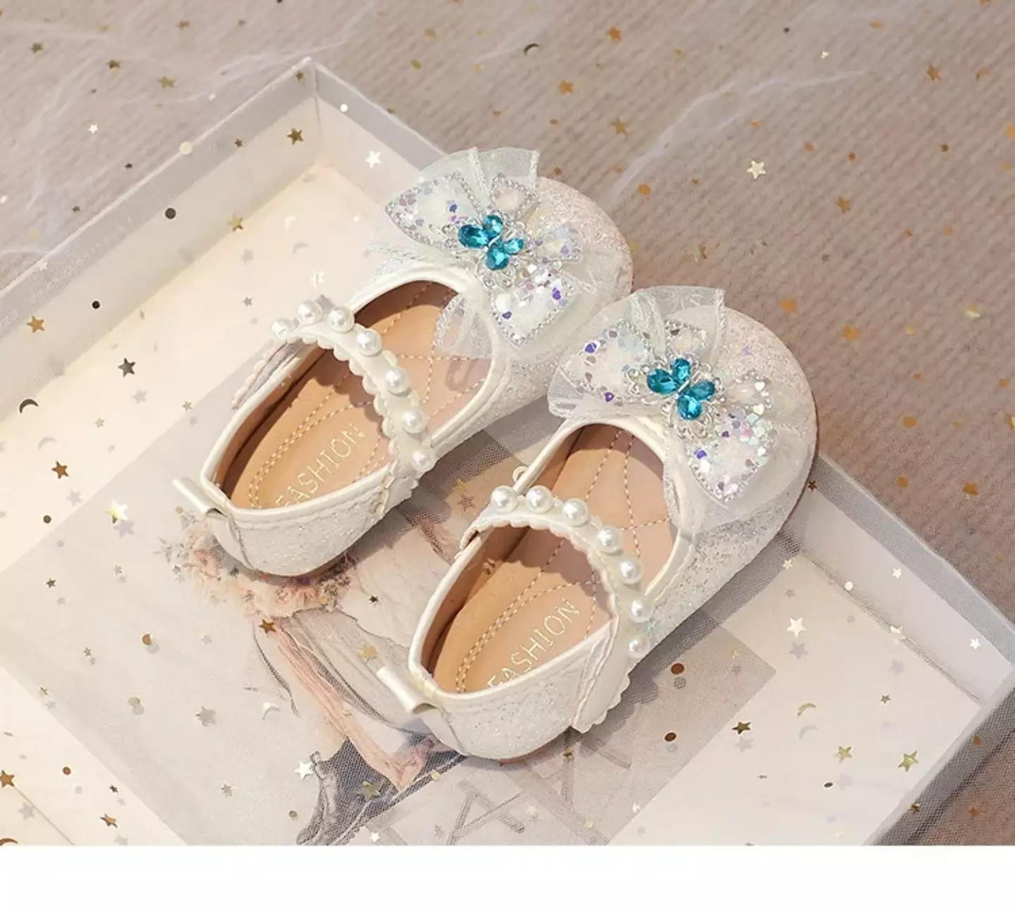 Baby, Toddler, Young Girls & Girls Ivory Gem Butterfly Sheer Bow Pearl Strap Flats | Lucys 11944