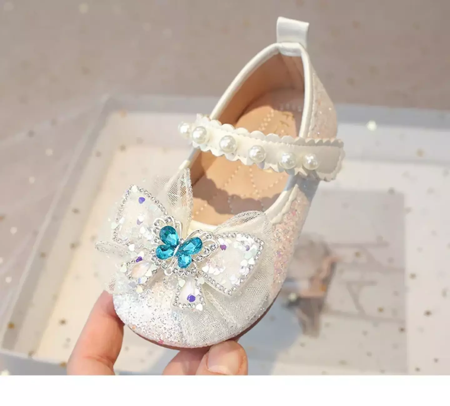 Baby, Toddler, Young Girls & Girls Ivory Gem Butterfly Sheer Bow Pearl Strap Flats | Lucys 11944