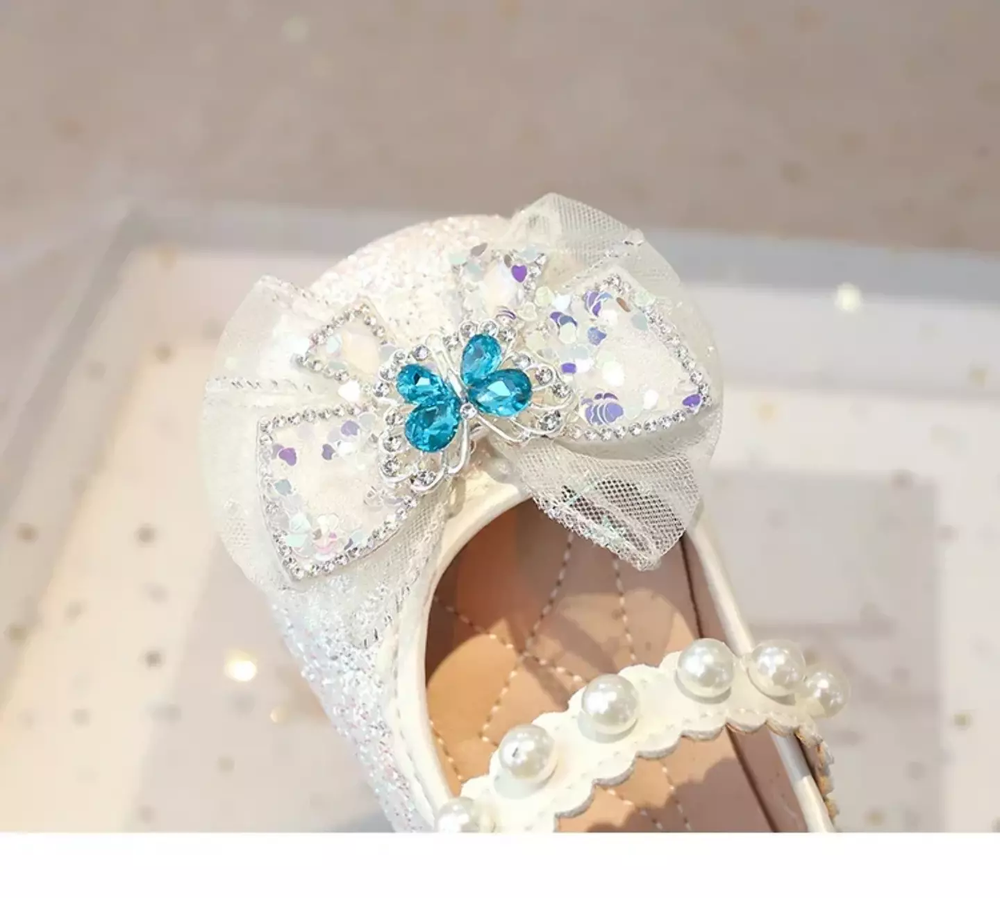 Baby, Toddler, Young Girls & Girls Ivory Gem Butterfly Sheer Bow Pearl Strap Flats | Lucys 11944