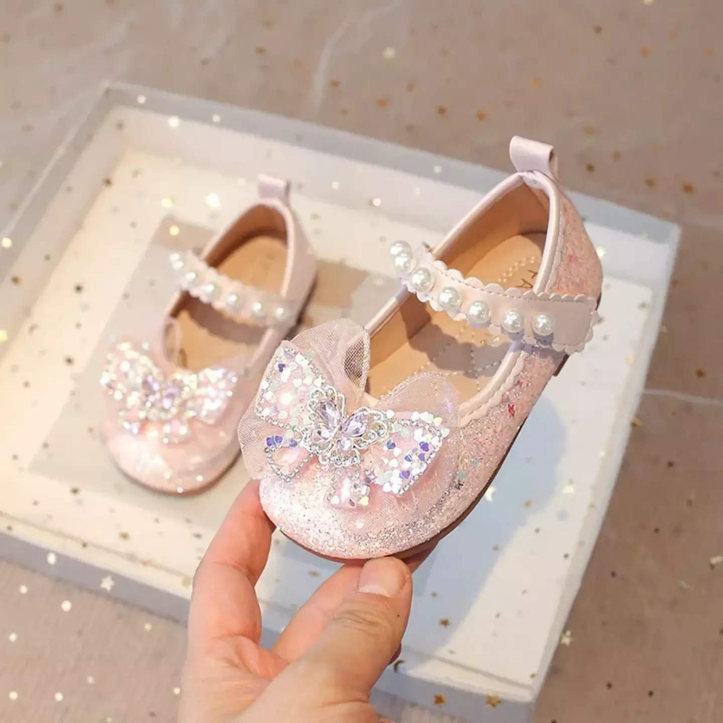 Baby, Toddler, Young Girls & Girls Pink Gem Butterfly Sheer Bow Pearl Strap Flats | Lucys 11945