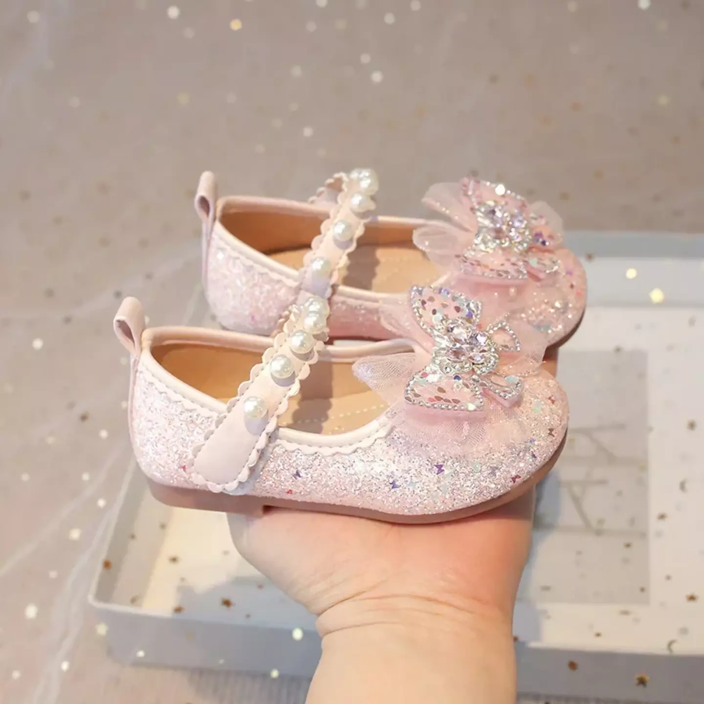 Baby, Toddler, Young Girls & Girls Pink Gem Butterfly Sheer Bow Pearl Strap Flats | Lucys 11945