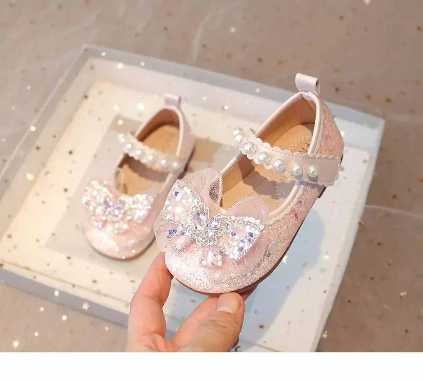 Baby, Toddler, Young Girls & Girls Pink Gem Butterfly Sheer Bow Pearl Strap Flats | Lucys 11945